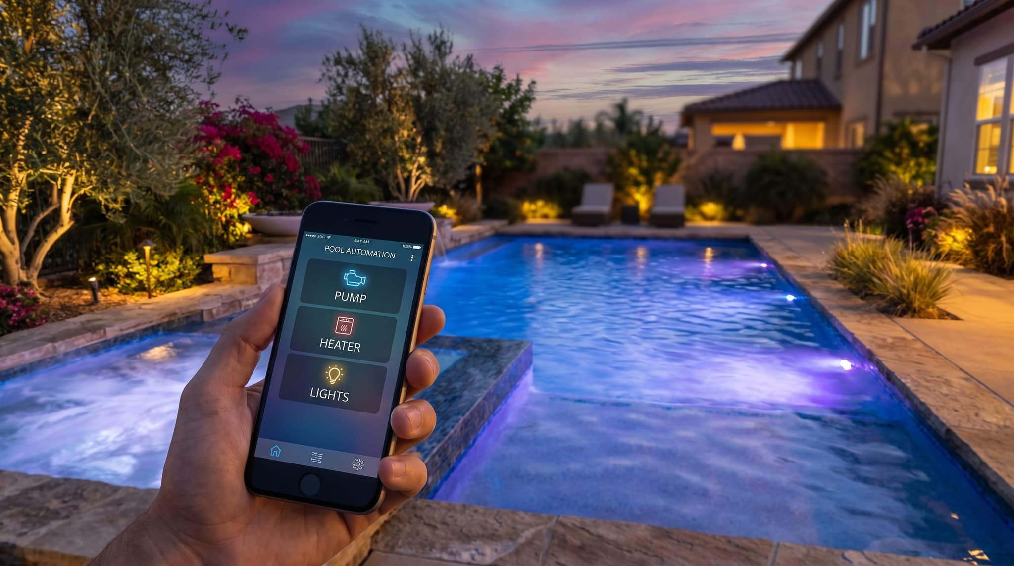 Homeowner controlling pool pump, heater, and lights from a smartphone automation app at dusk