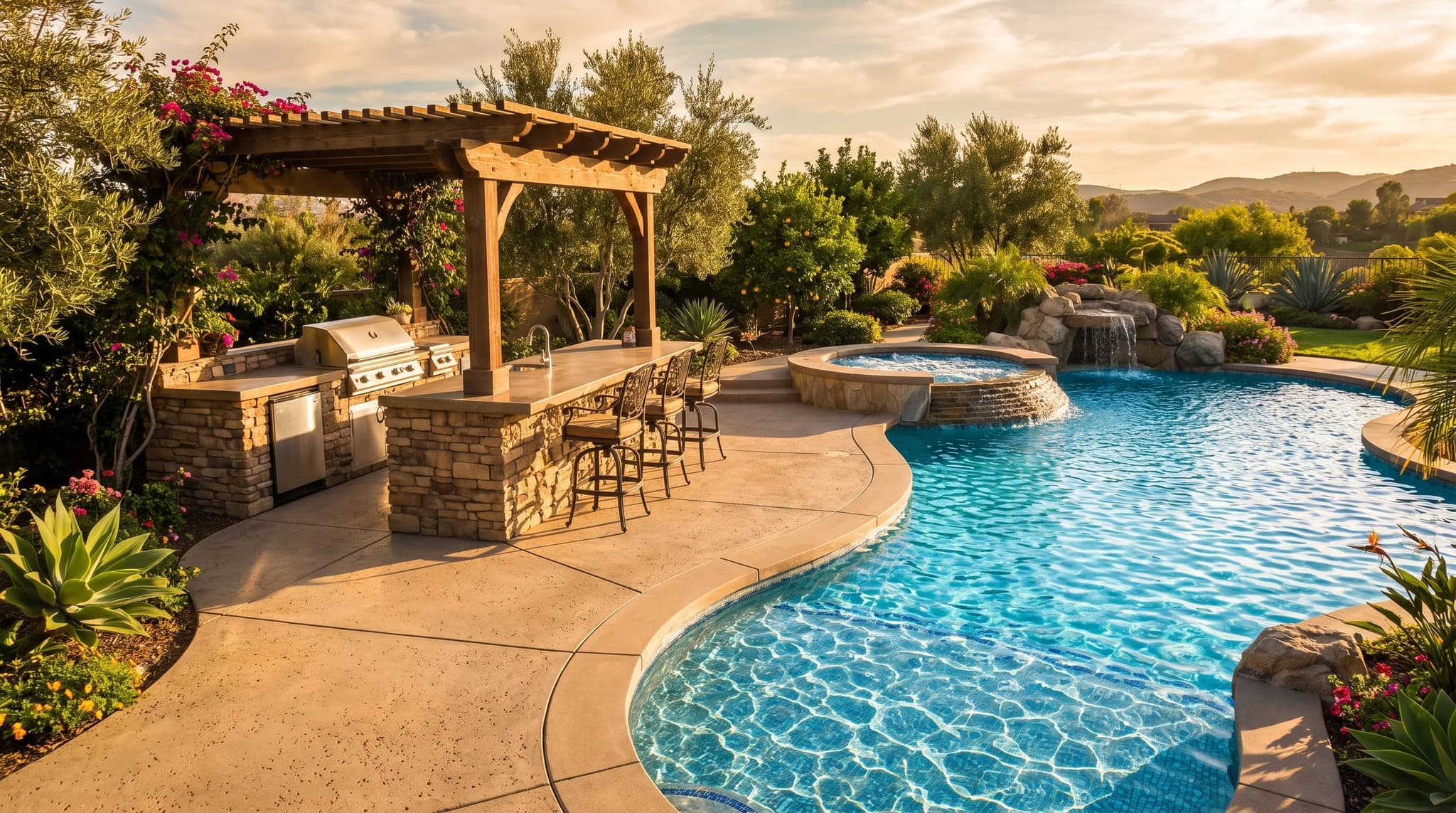 Granite-topped outdoor bar and BBQ island with stacked-stone base, stainless grill with vent hood, brick pizza oven, and built-in beverage fridge under a wood pergola with string lights, pool with waterfall and fire feature in background at golden hour