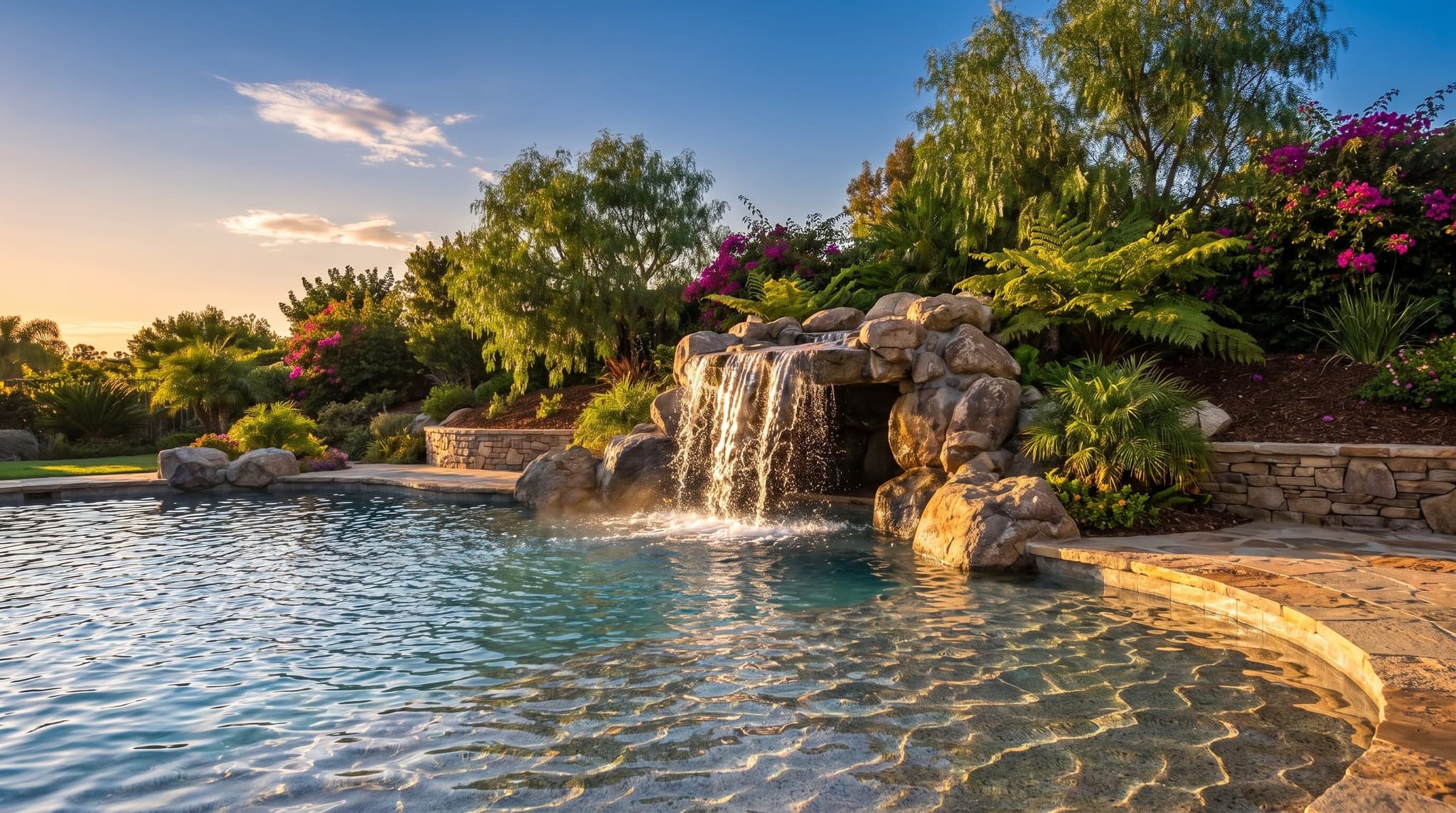Natural-boulder waterfall cascading into a residential pool with walk-behind grotto behind the falls