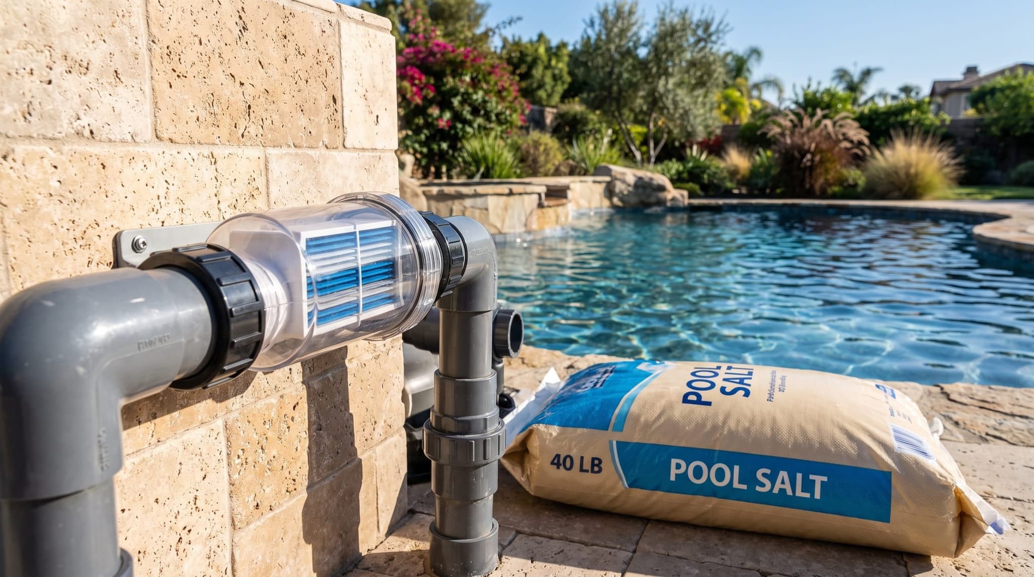 Salt-chlorine generator cell mounted on pool plumbing beside a bag of pool salt on the equipment pad