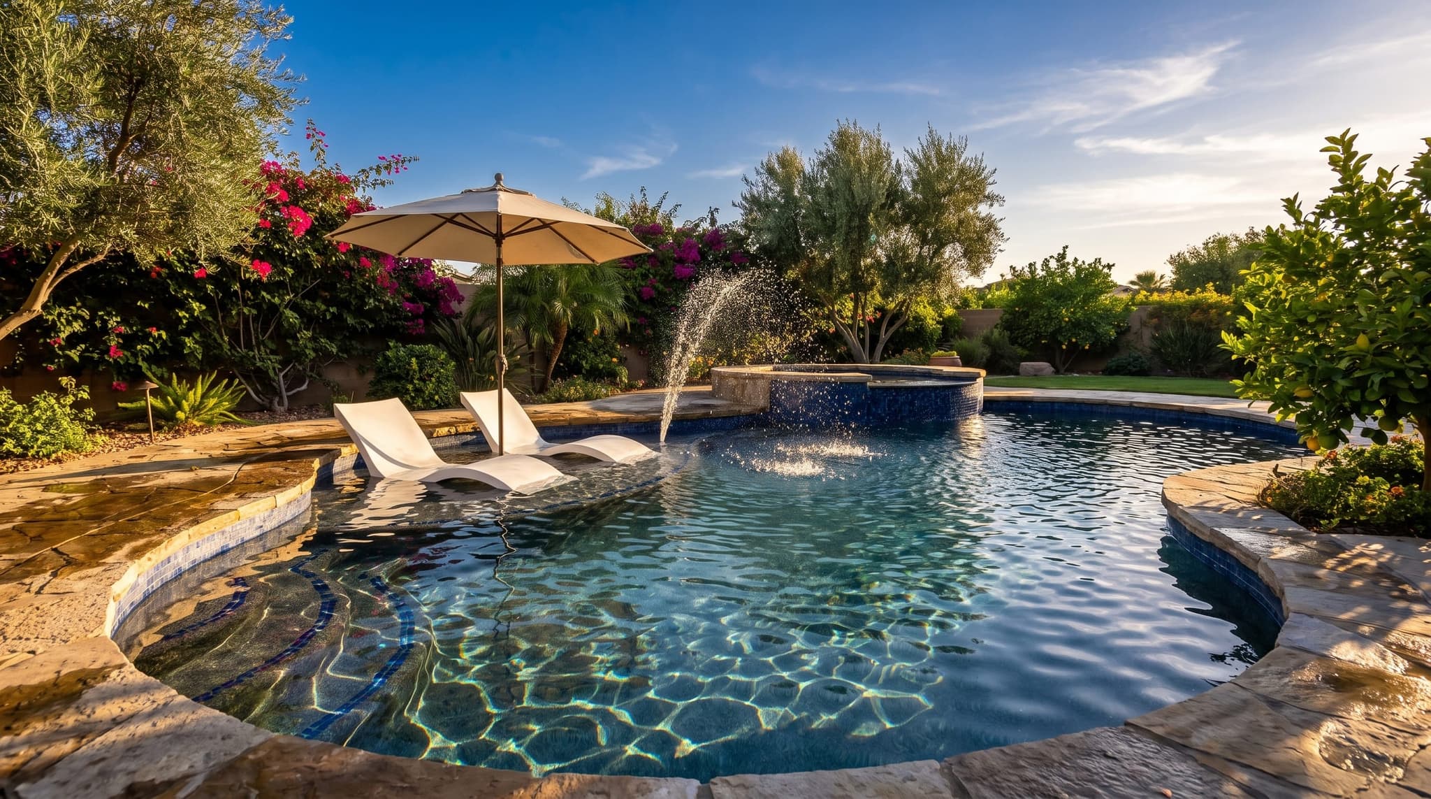 New pool build with a tanning ledge feature, the kind of feature decision worth thinking through before signing a contract