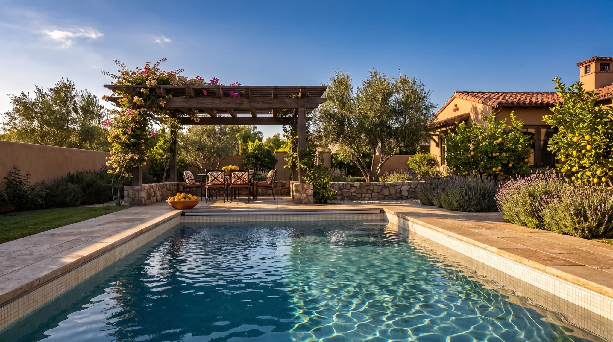 Classic rectangular pool with travertine deck and Spanish-Mediterranean backyard architecture, the kind of project these financing paths help make possible