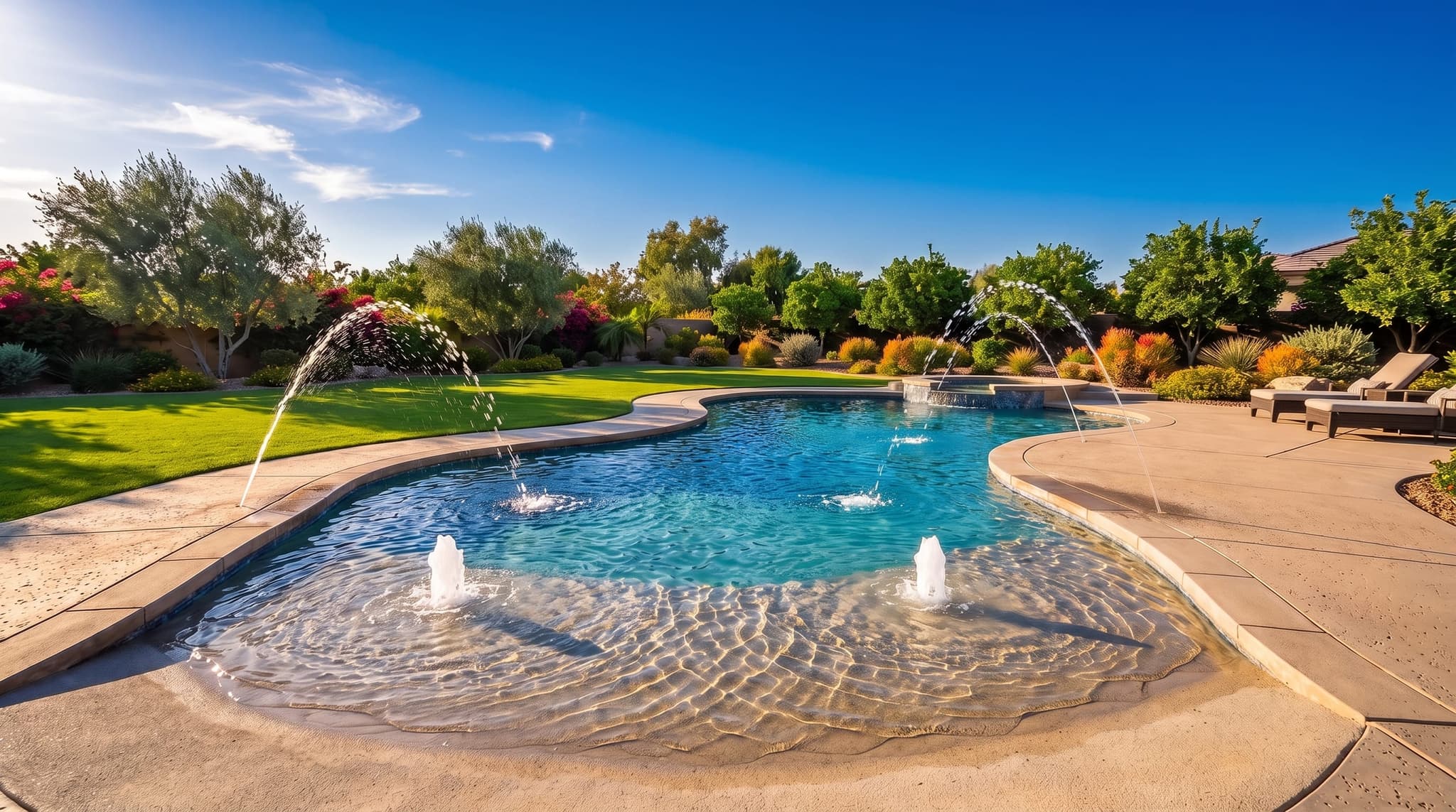Family backyard pool with a gentle beach / zero entry, bubblers, and green lawn in an Inland Empire backyard, the kind of project we build across the region