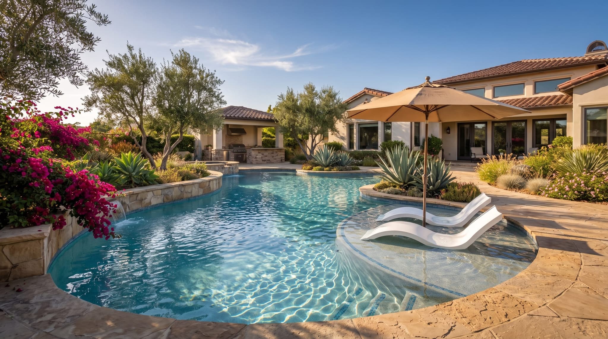Small freeform backyard pool with two chaise lounges sitting on a tanning shelf in the shallow water under a shade umbrella, surrounded by mature olive trees, agave, and bougainvillea on a sunny afternoon
