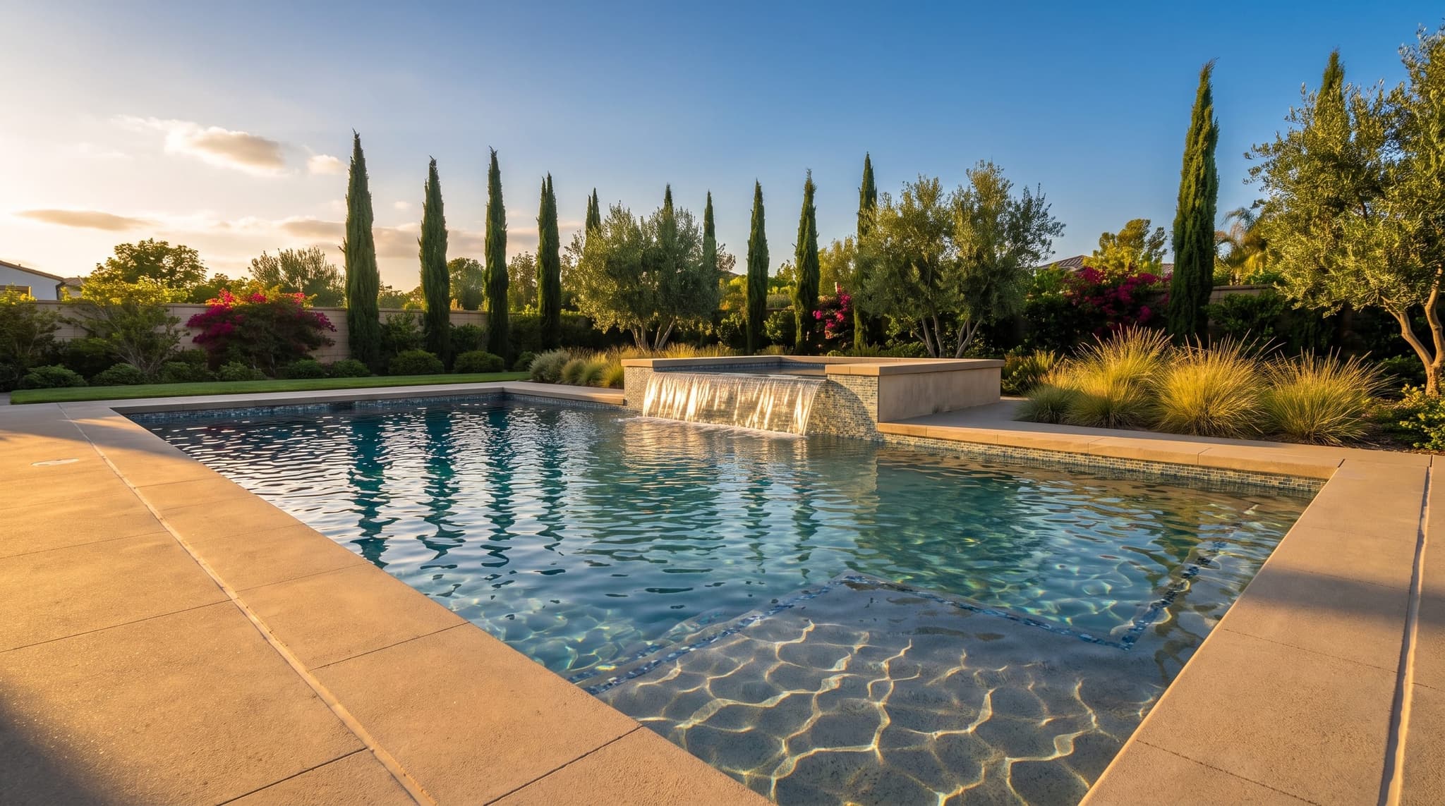 Compact modern rectangular pool with raised spa and sheer-descent spillover, glass-mosaic waterline tile, broom-finished concrete deck, and Italian cypress in an enclosed contemporary courtyard at golden hour