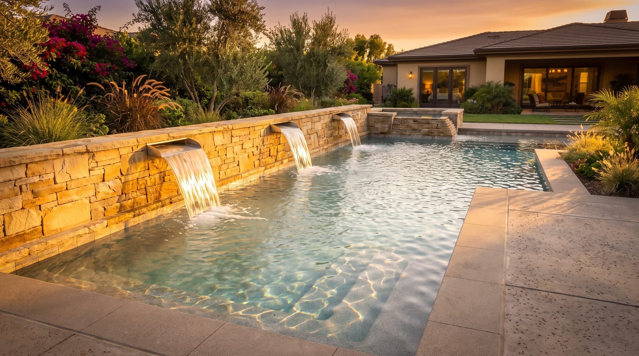 Pool with a raised wall featuring sheer-descent water features at sunset