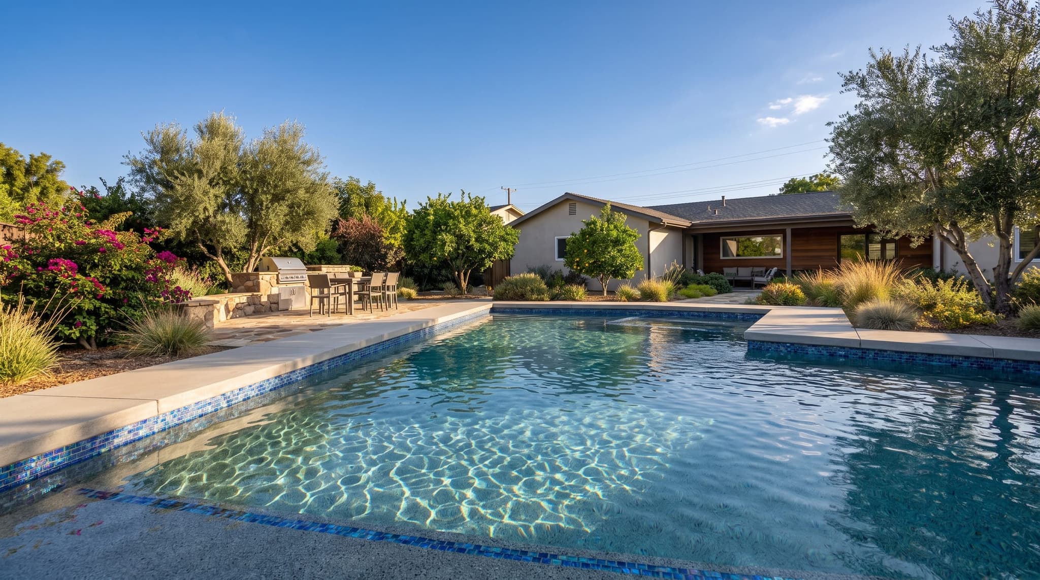 Remodeled-style pool with new pebble finish, new waterline tile, and new cantilevered concrete coping, the kind of work our warranty stands behind