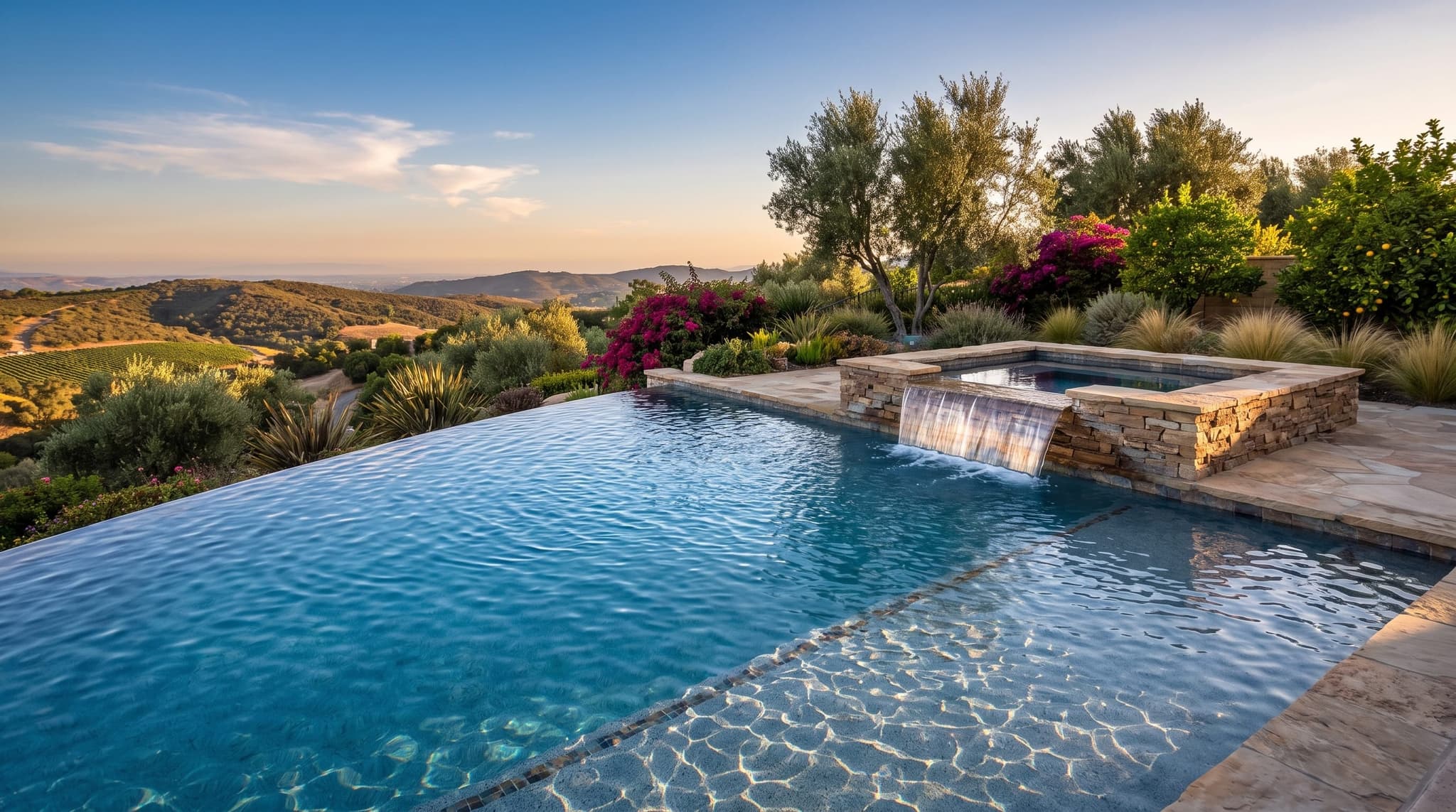 Vanishing-edge pool on a hillside lot overlooking the Temecula valley at sunset