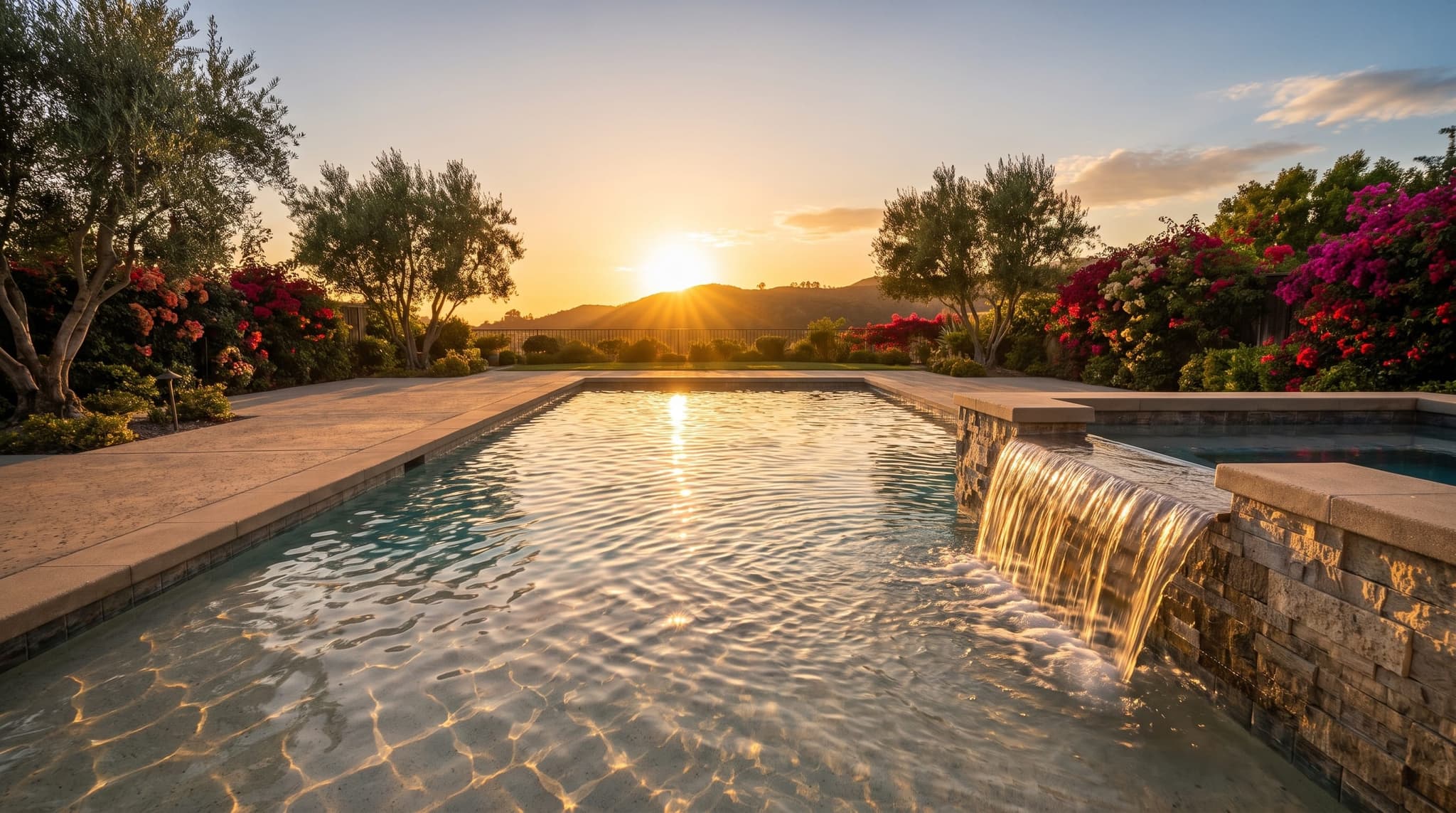 Custom Inland Empire backyard pool at golden hour with integrated spa, broom-finished concrete deck, and mature landscaping