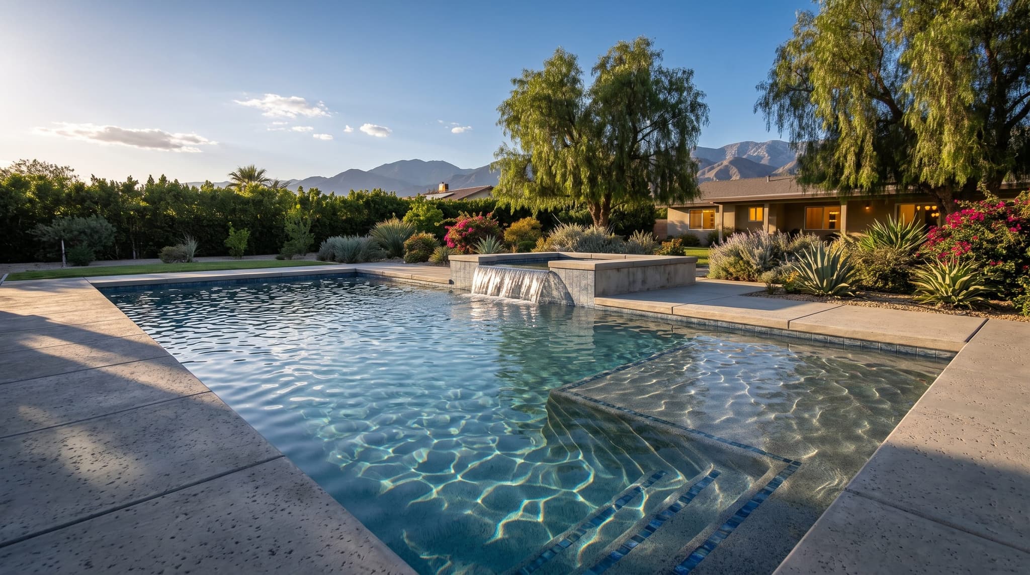 Banning, Hillside backyard with a vanishing-edge pool overlooking Inland Empire valley views at golden hour