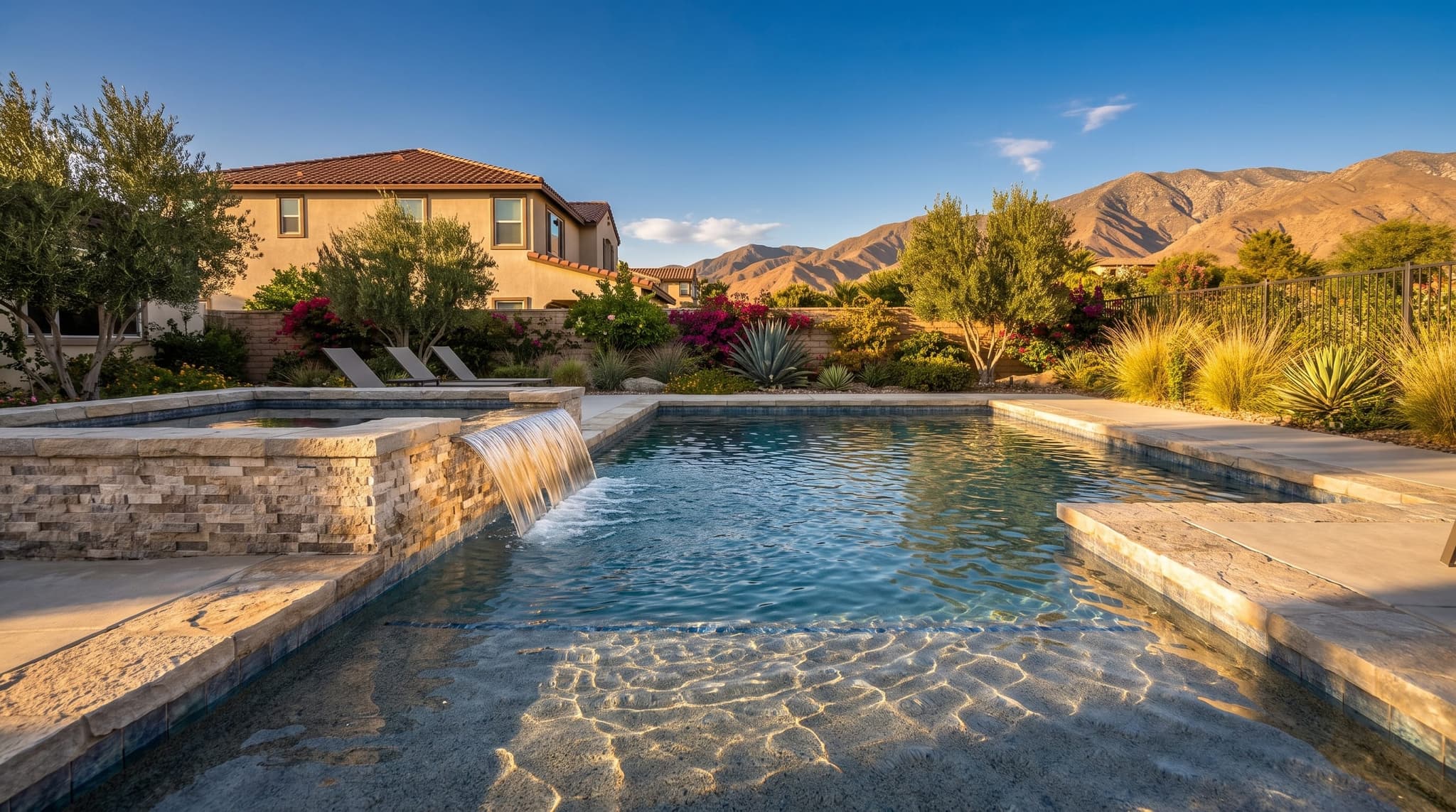 Beaumont, Modern rectangular inground pool with raised spa and broom-finished concrete deck in a Southern California master-planned backyard