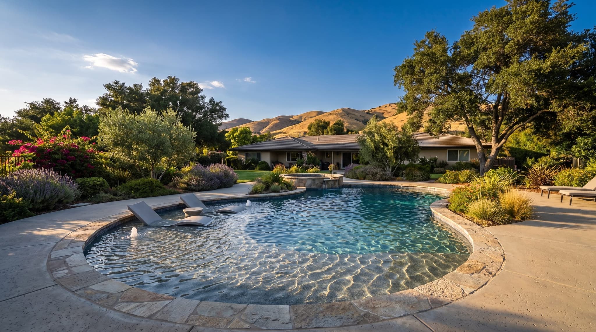 Calimesa, Freshly remodeled swimming pool in a mature Southern California backyard with established trees