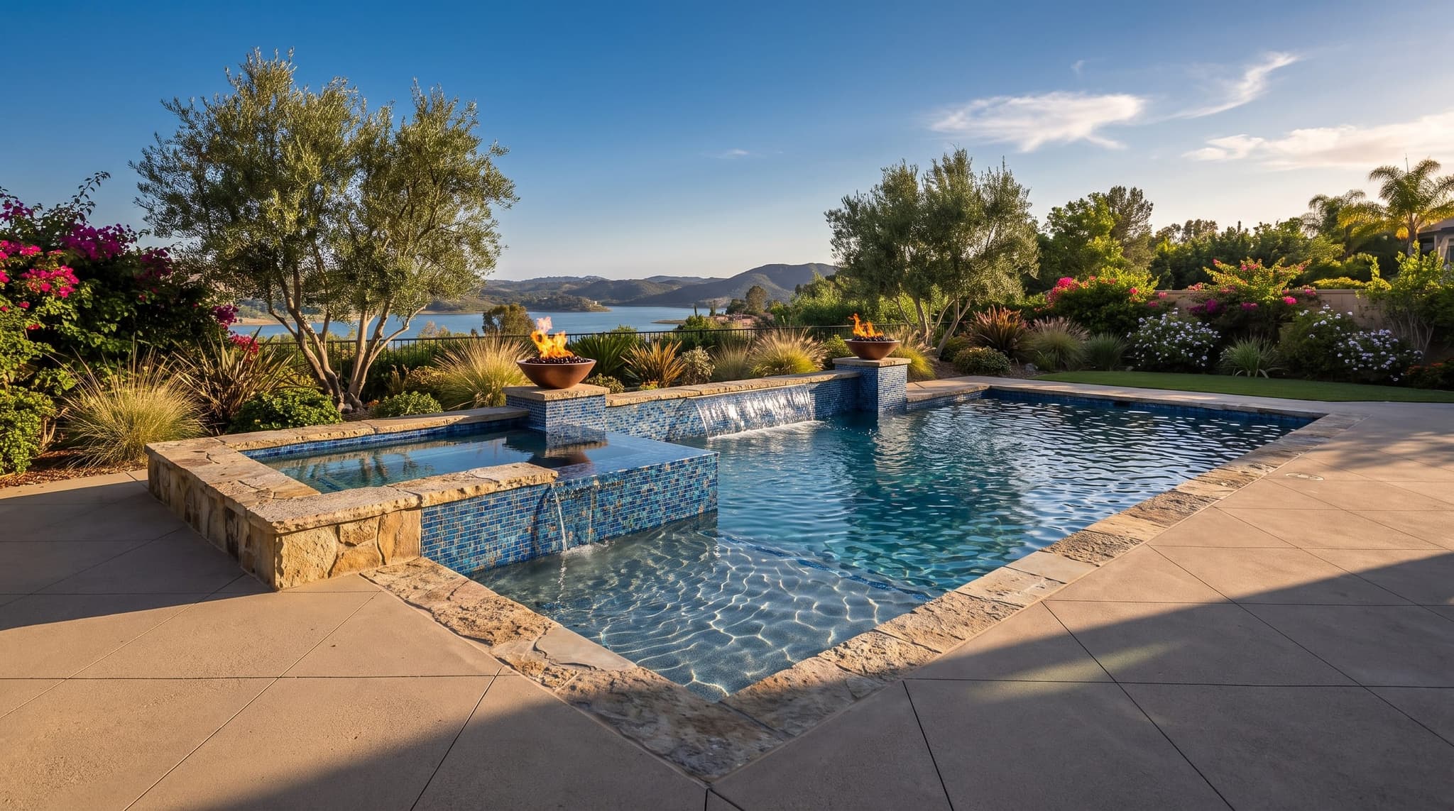 Canyon Lake, Upscale backyard with premium inground pool, glass mosaic tile, and natural-stone coping