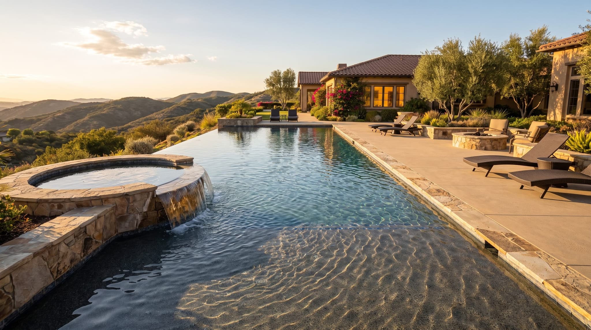 Chino Hills, Hillside backyard with a vanishing-edge pool overlooking Inland Empire valley views at golden hour