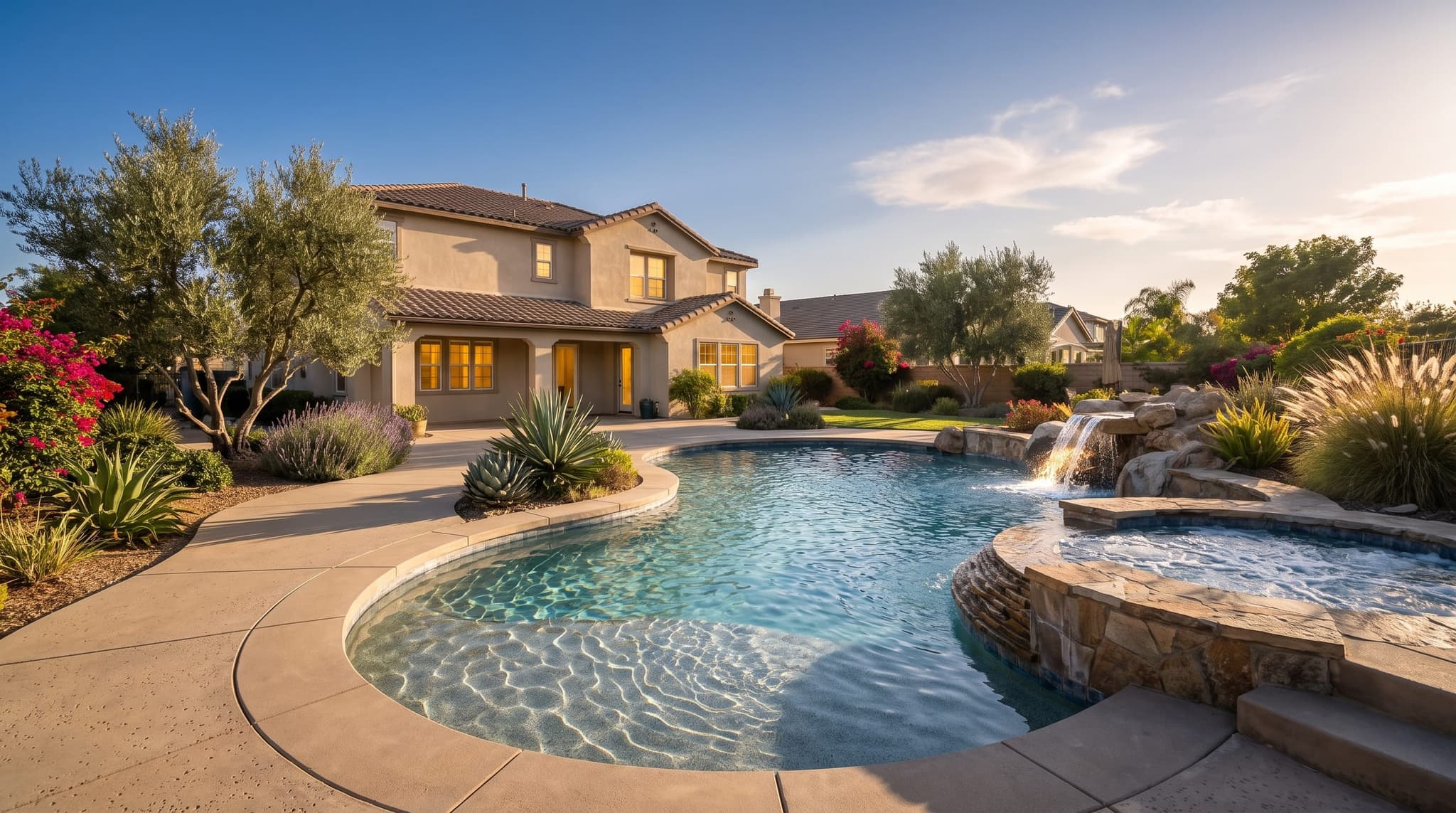 Chino, Modern rectangular inground pool with raised spa and broom-finished concrete deck in a Southern California master-planned backyard