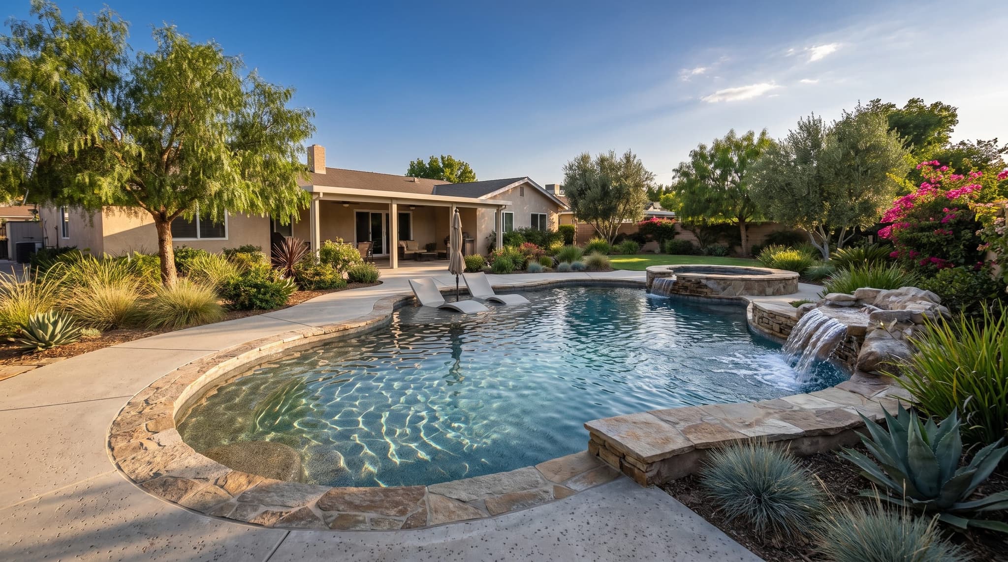 Colton, Freeform backyard family pool with beach entry, tanning shelf, and integrated spa