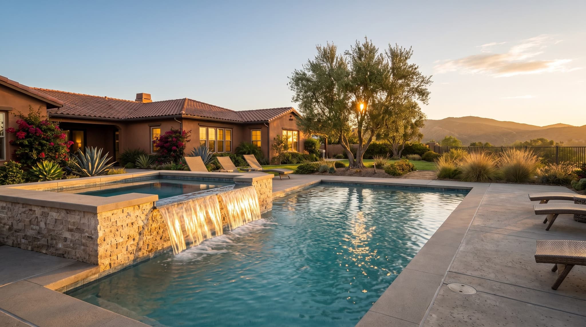 Corona, Modern rectangular inground pool with raised spa and broom-finished concrete deck in a Southern California master-planned backyard
