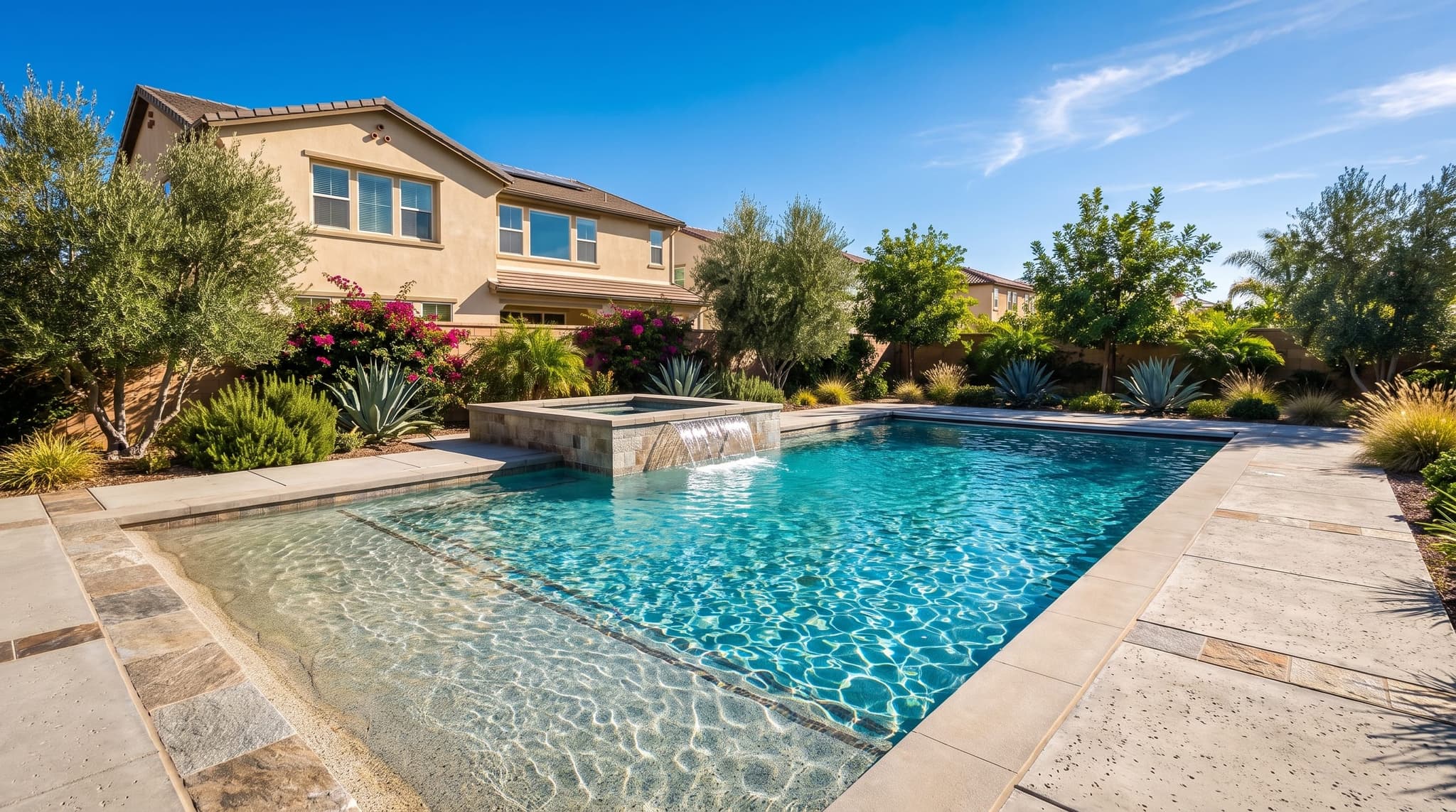 Eastvale, Modern rectangular inground pool with raised spa and broom-finished concrete deck in a Southern California master-planned backyard