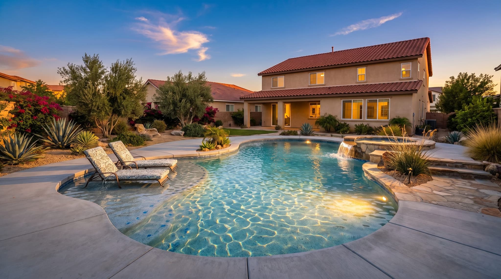 Fontana, Freeform backyard family pool with beach entry, tanning shelf, and integrated spa