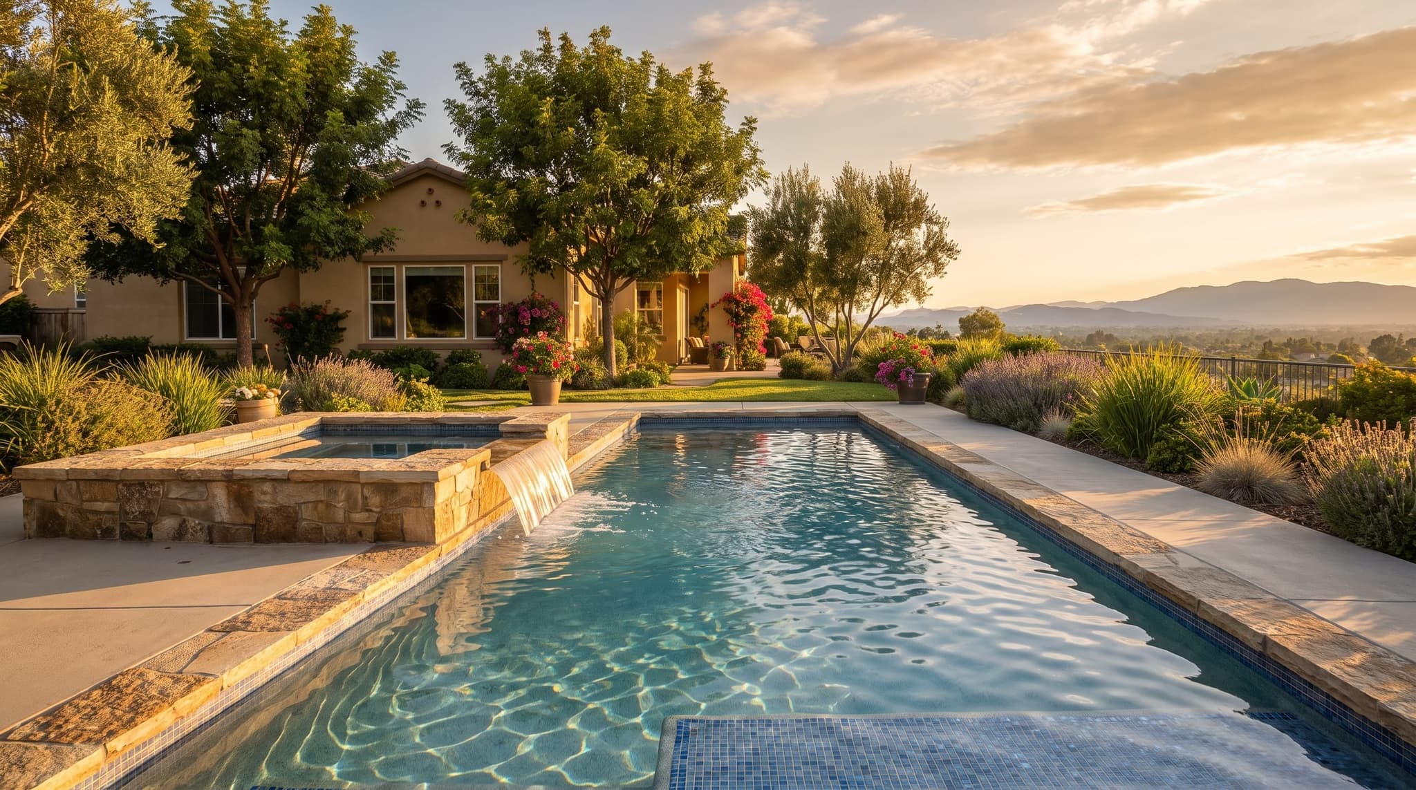 Grand Terrace, Hillside backyard with a vanishing-edge pool overlooking Inland Empire valley views at golden hour
