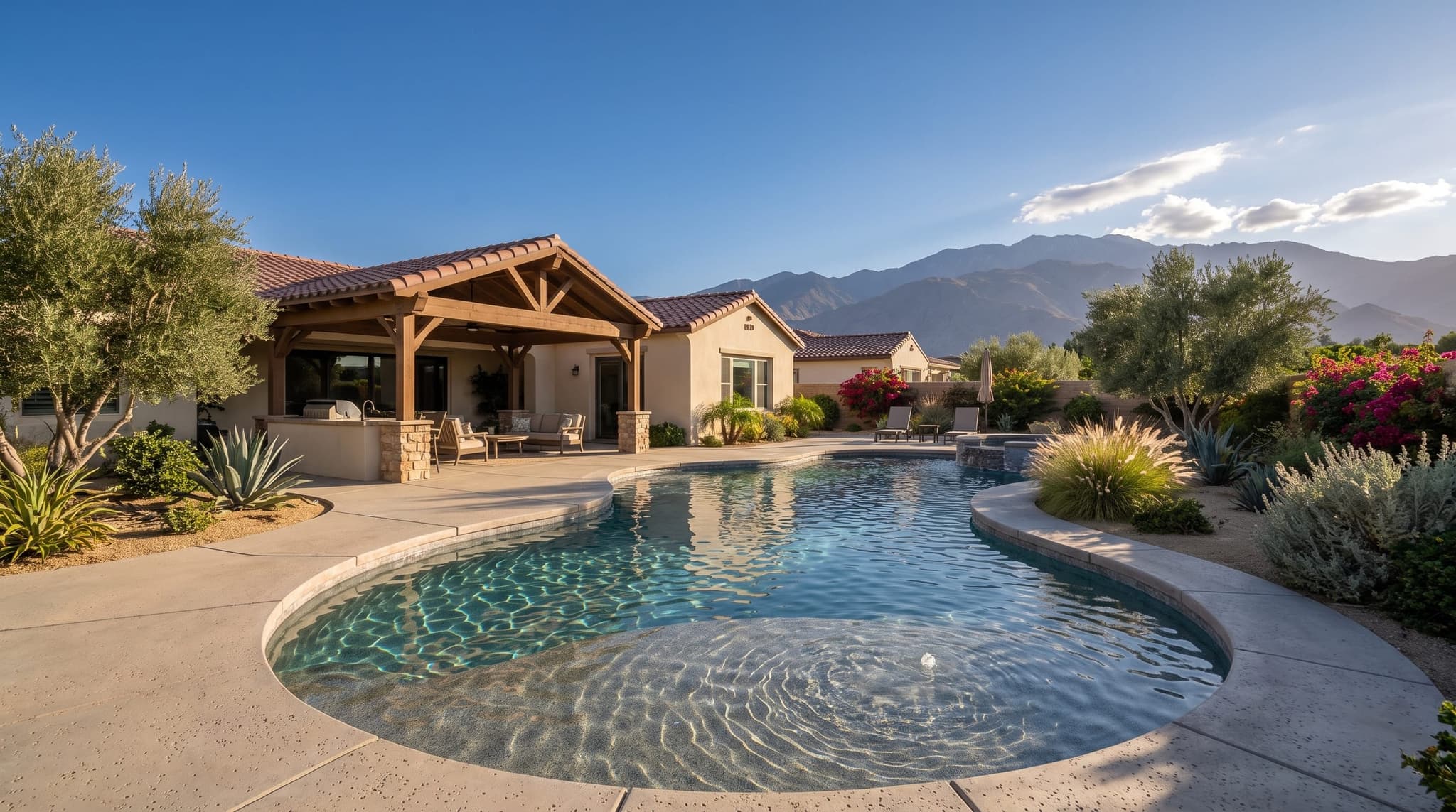 Hemet, Freeform backyard family pool with beach entry, tanning shelf, and integrated spa