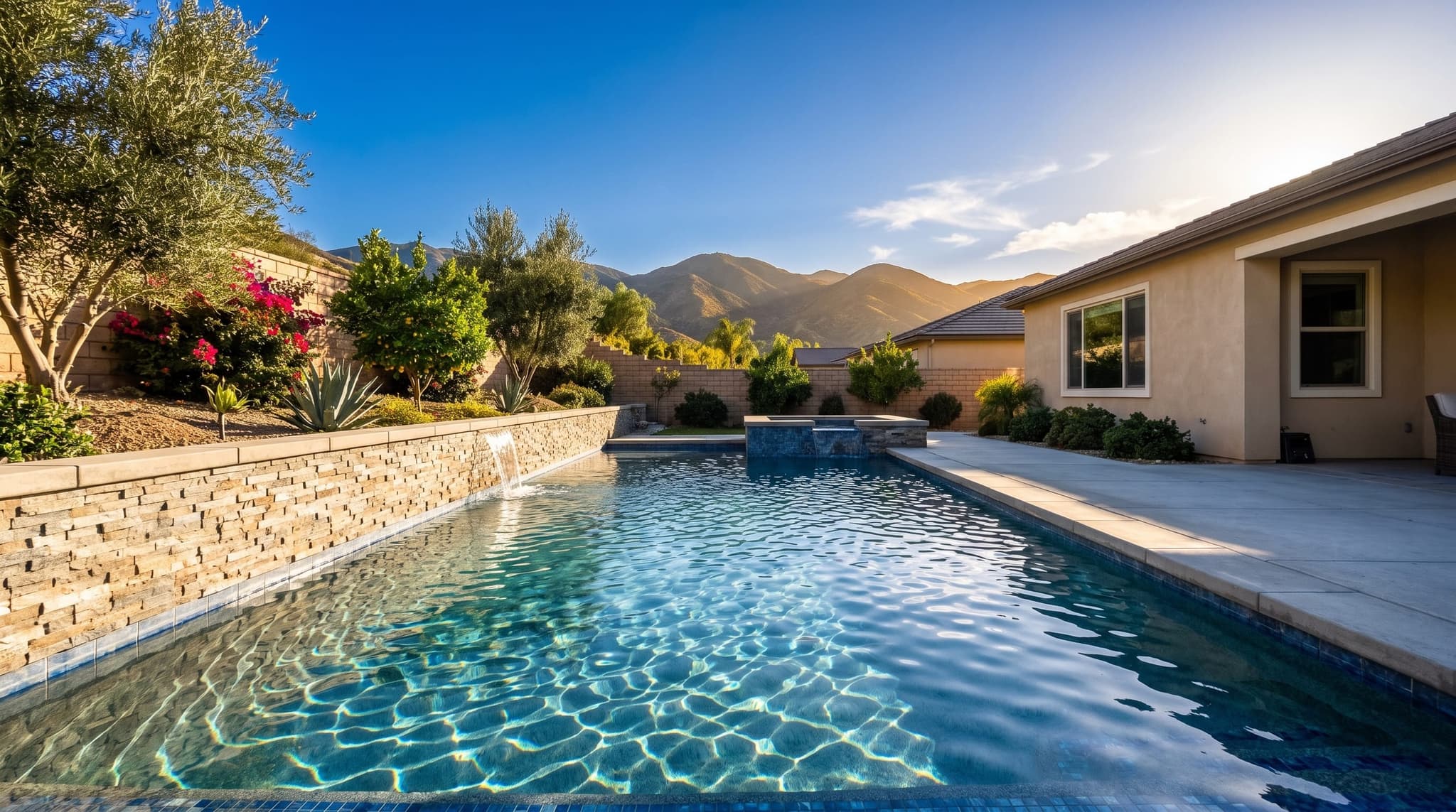 Highland, Hillside backyard with a vanishing-edge pool overlooking Inland Empire valley views at golden hour