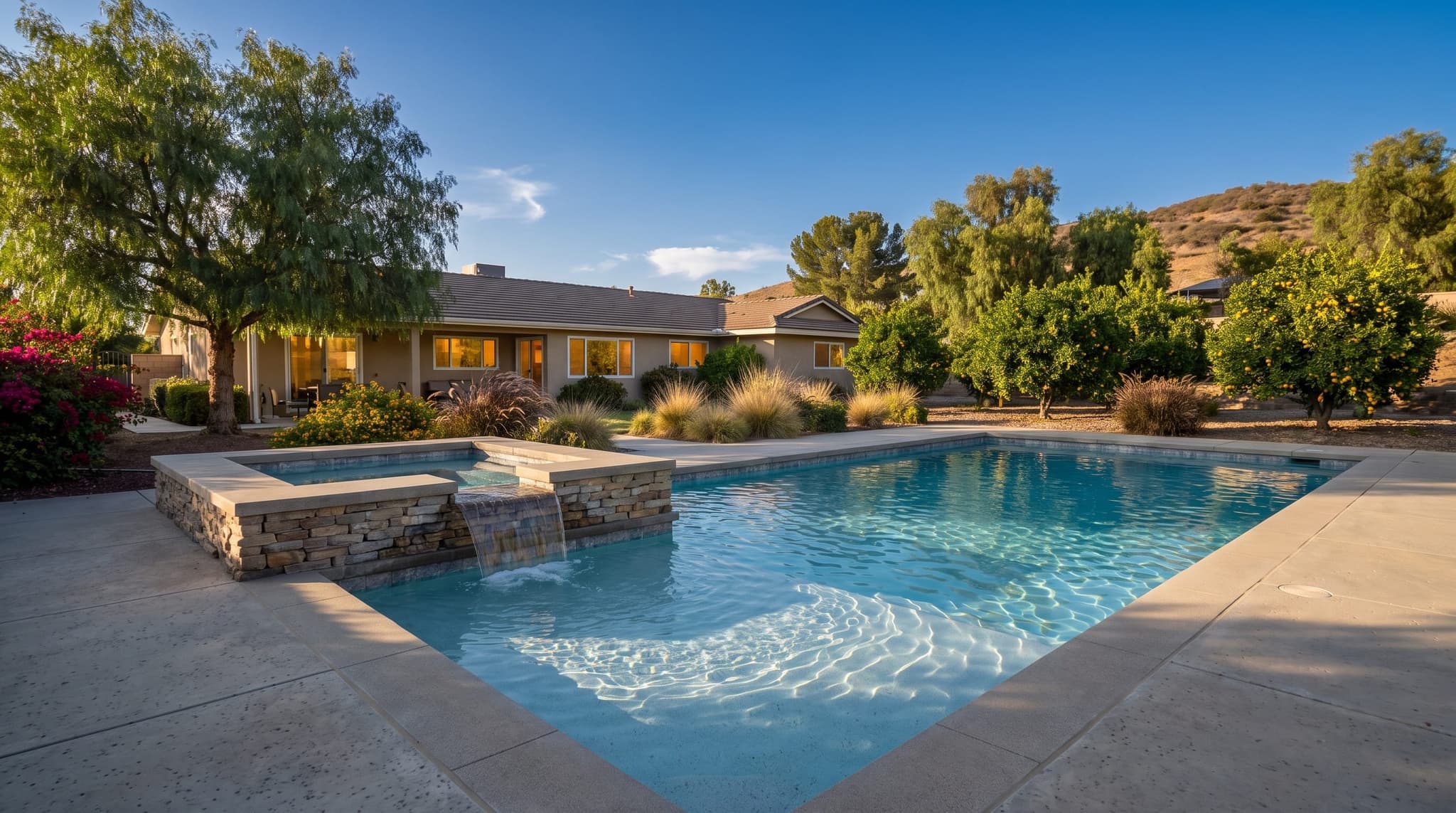 Jurupa Valley, Semi-rural Southern California backyard with a resort-style pool, raised spa, and outdoor kitchen pavilion