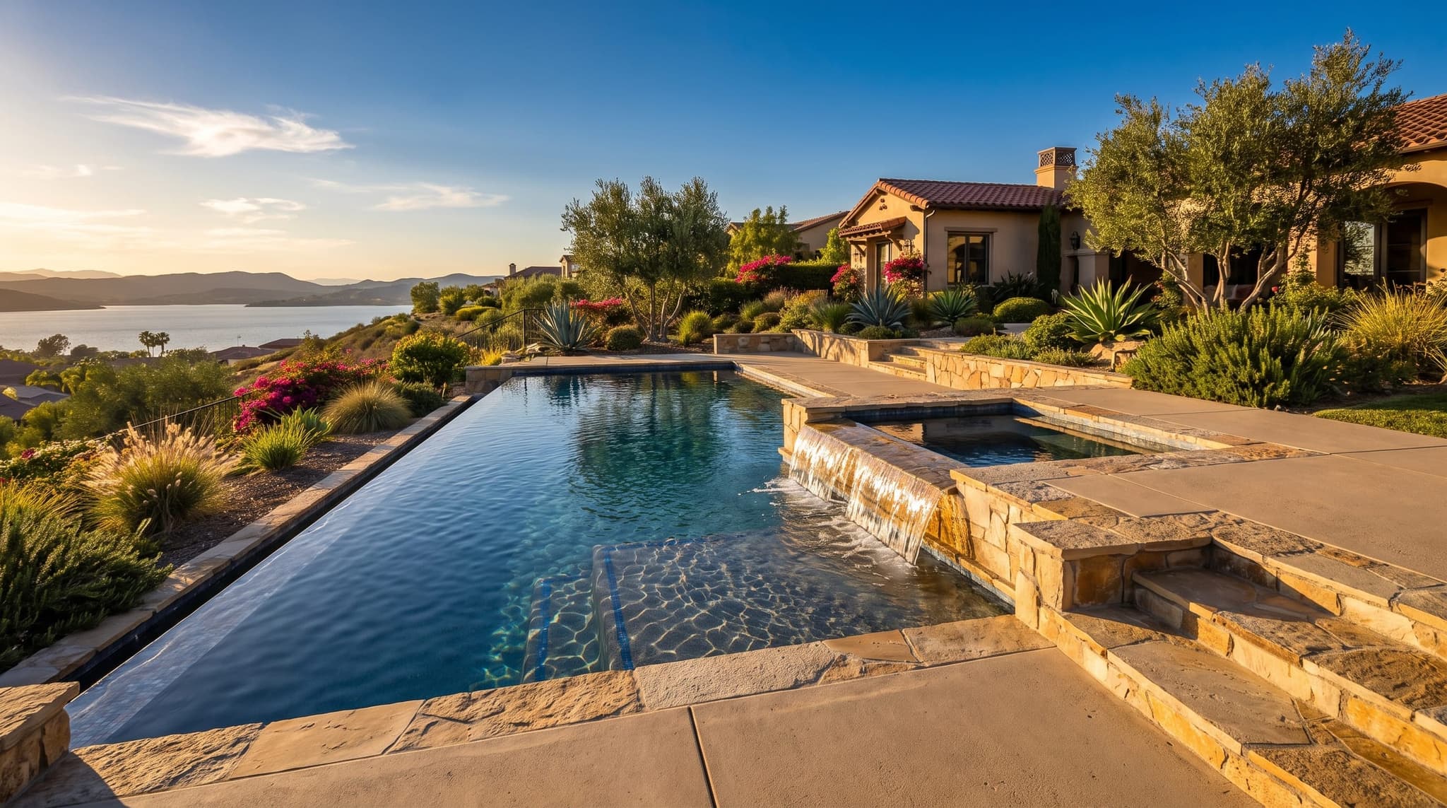 Lake Elsinore, Hillside backyard with a vanishing-edge pool overlooking Inland Empire valley views at golden hour