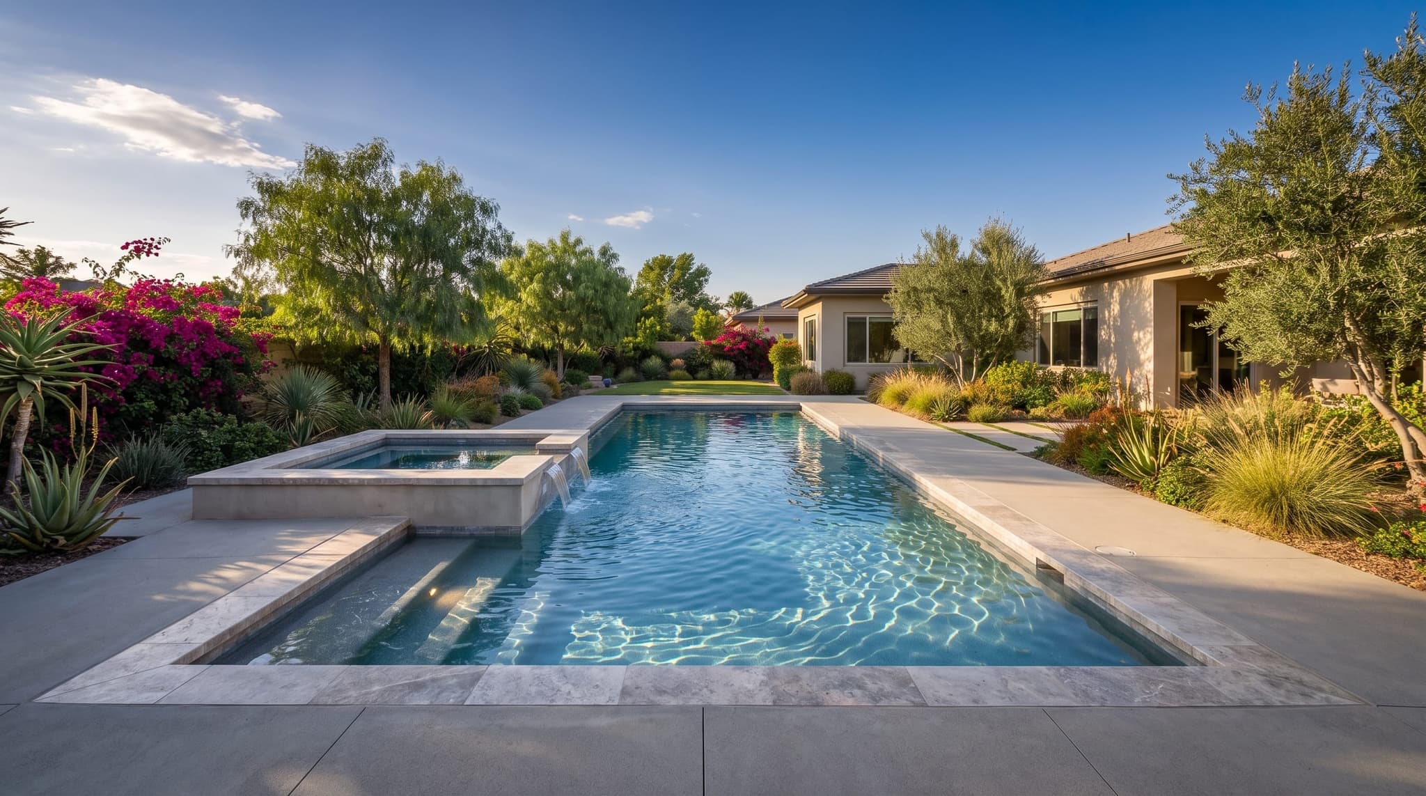 Loma Linda, Freshly remodeled swimming pool in a mature Southern California backyard with established trees