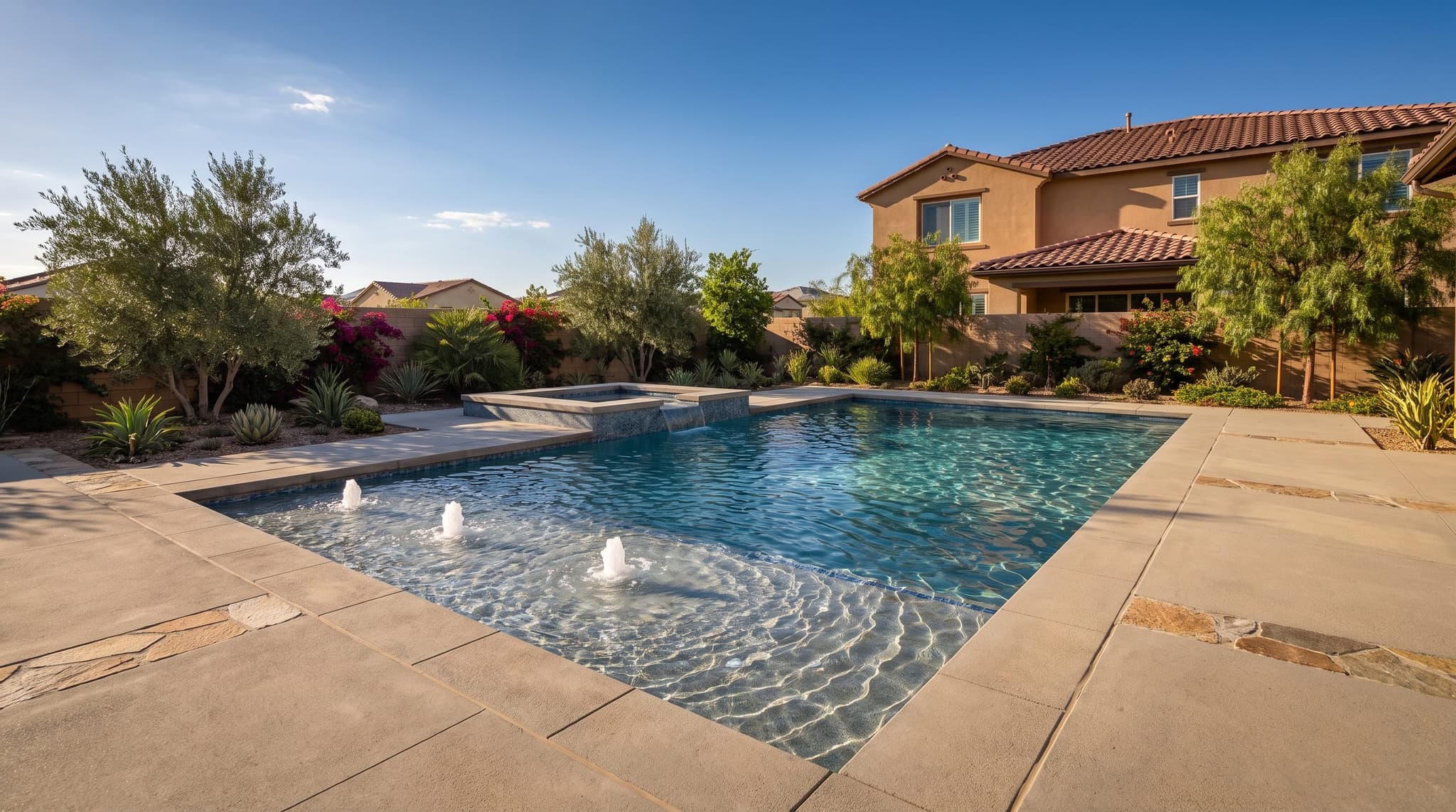 Menifee, Modern rectangular inground pool with raised spa and broom-finished concrete deck in a Southern California master-planned backyard