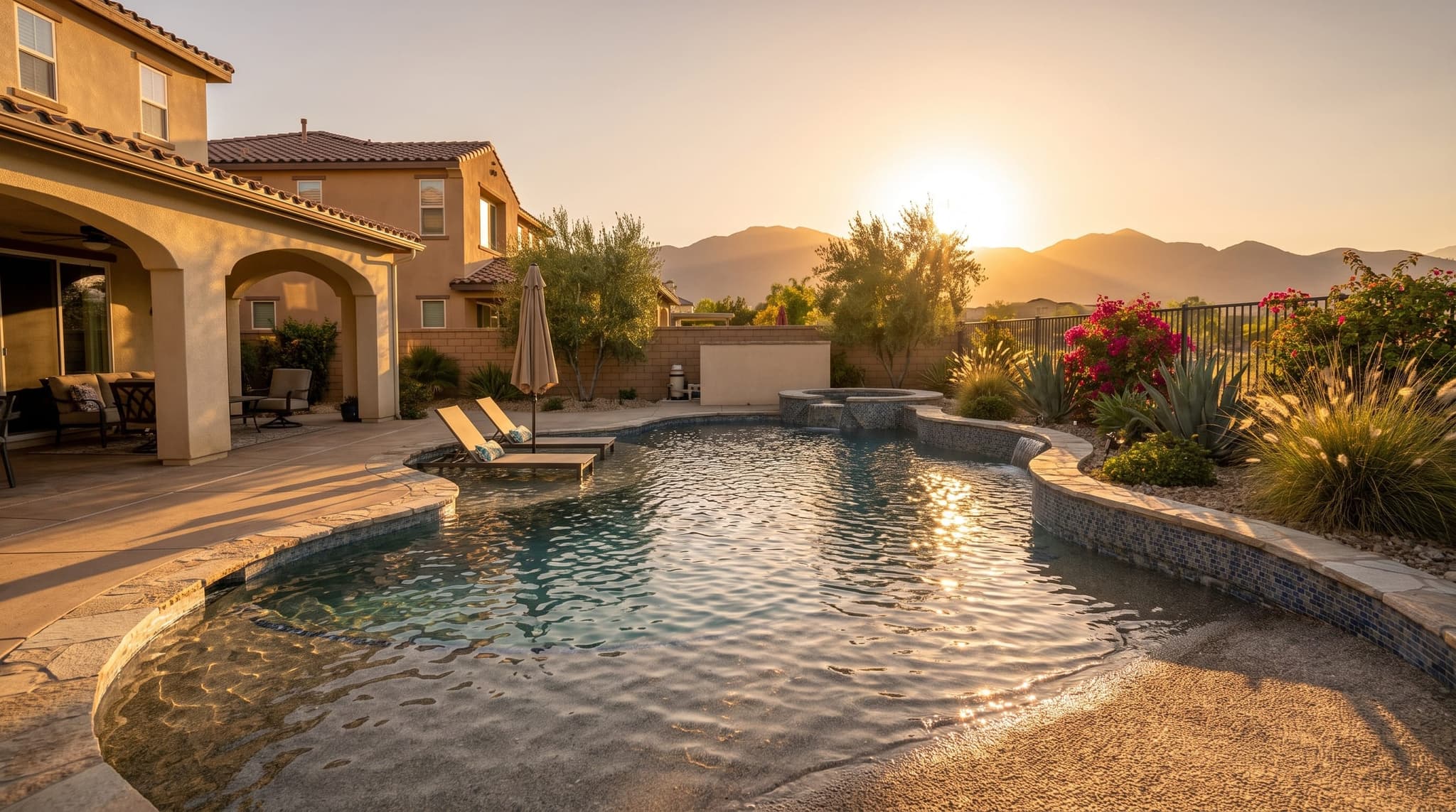 Moreno Valley, Freeform backyard family pool with beach entry, tanning shelf, and integrated spa