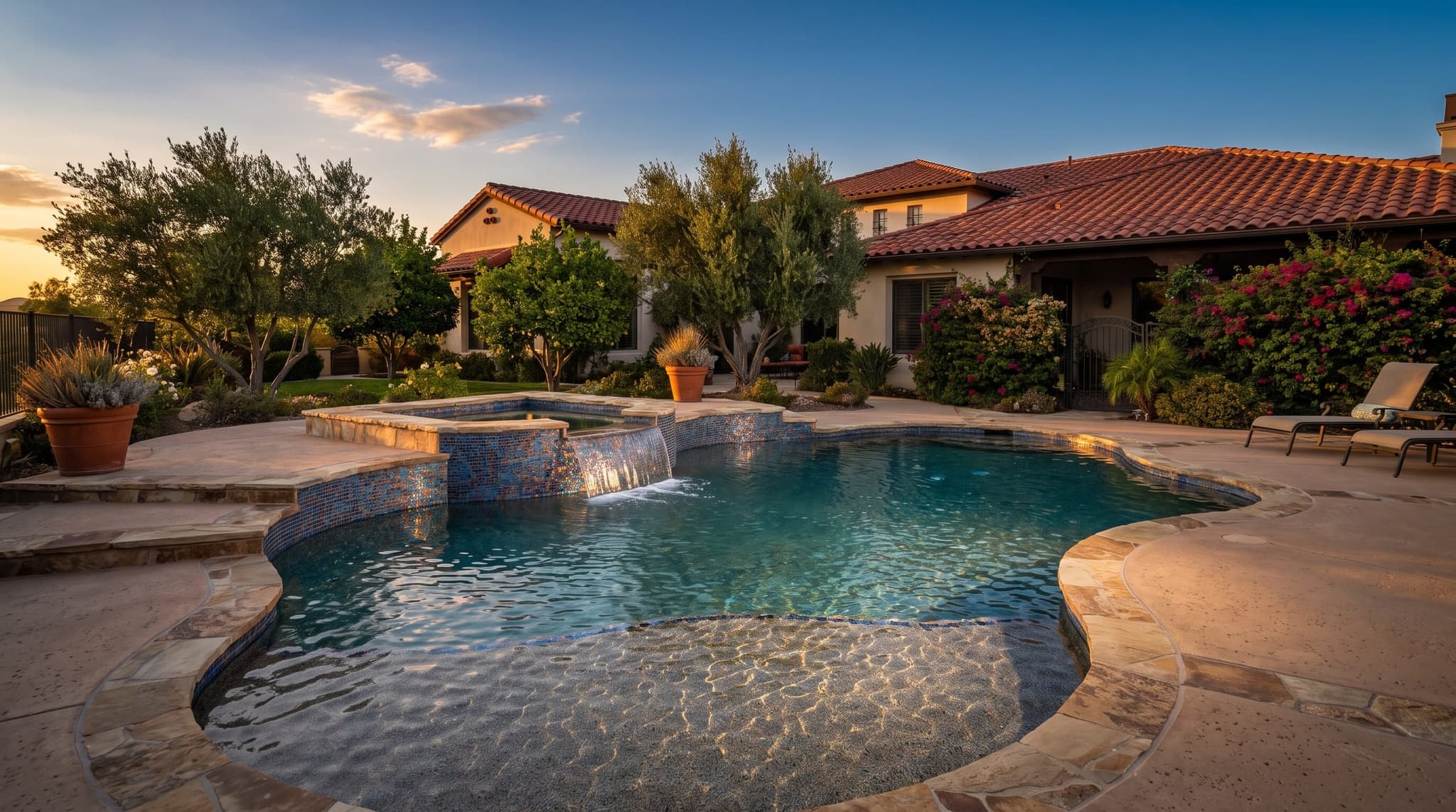 Murrieta, Modern rectangular inground pool with raised spa and broom-finished concrete deck in a Southern California master-planned backyard