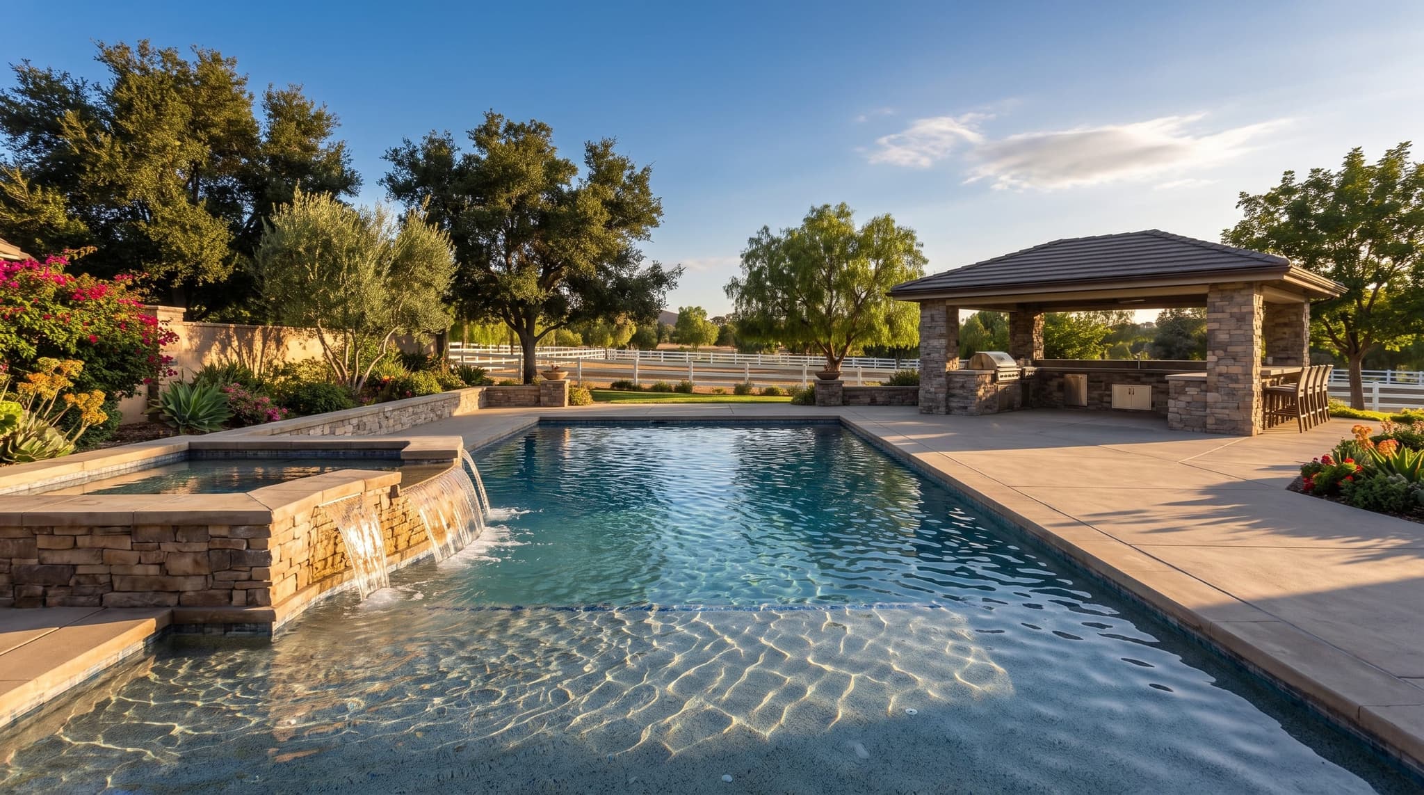 Norco, Semi-rural Southern California backyard with a resort-style pool, raised spa, and outdoor kitchen pavilion