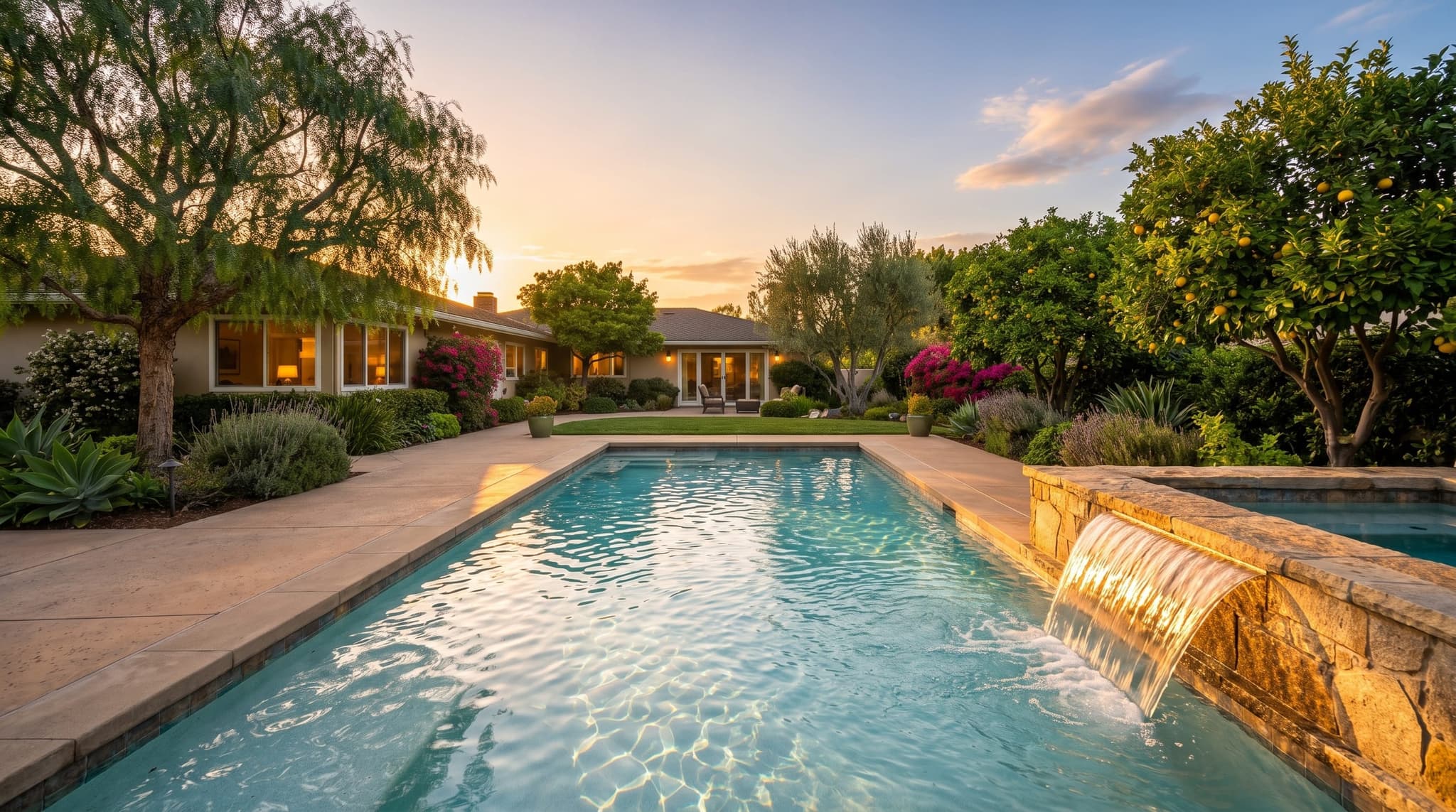 Ontario, Freeform backyard family pool with beach entry, tanning shelf, and integrated spa