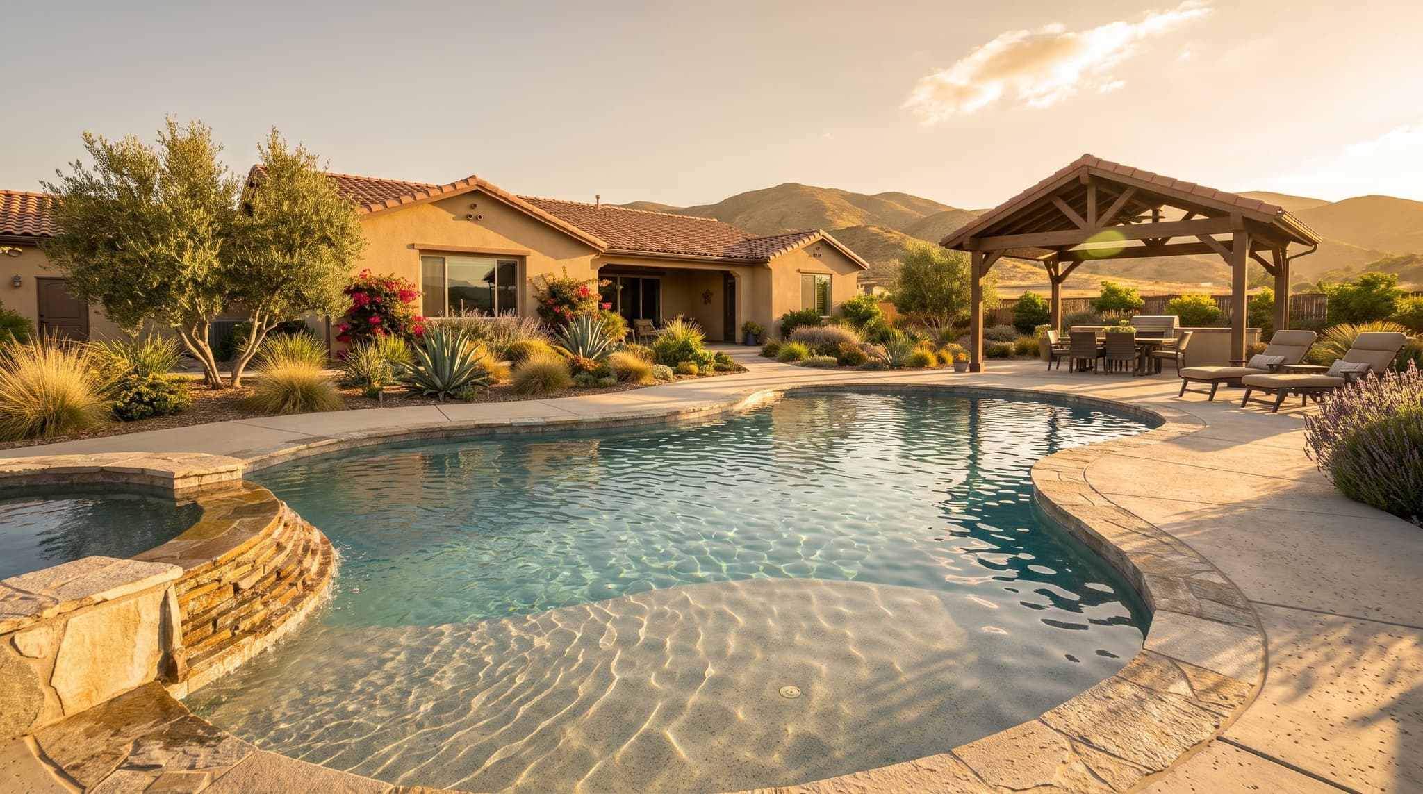 Perris, Freeform backyard family pool with beach entry, tanning shelf, and integrated spa