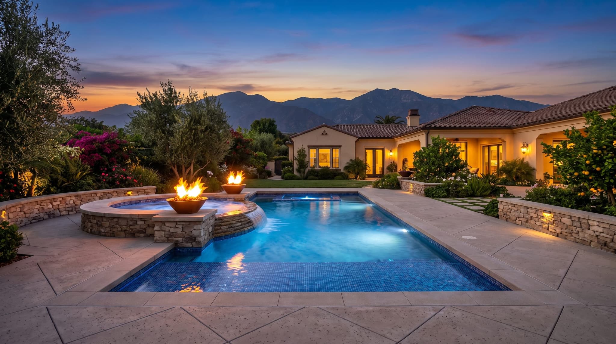 Rancho Cucamonga, Upscale backyard with premium inground pool, glass mosaic tile, and natural-stone coping