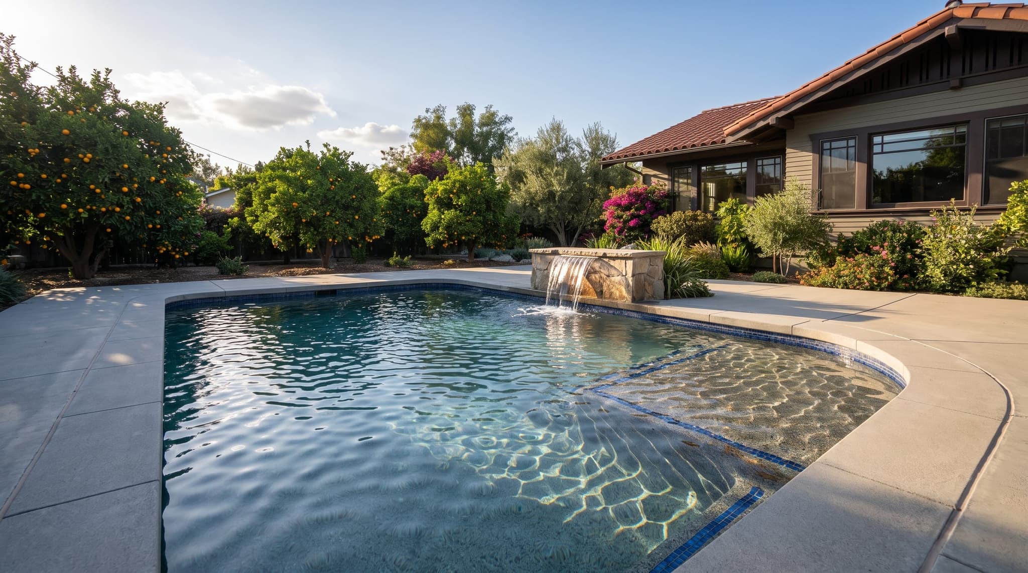 Redlands, Freshly remodeled swimming pool in a mature Southern California backyard with established trees