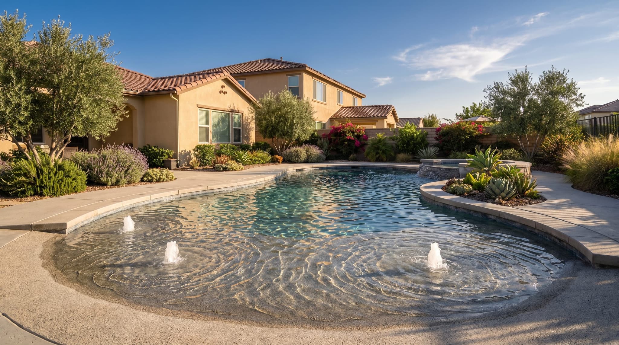Rialto, Freeform backyard family pool with beach entry, tanning shelf, and integrated spa