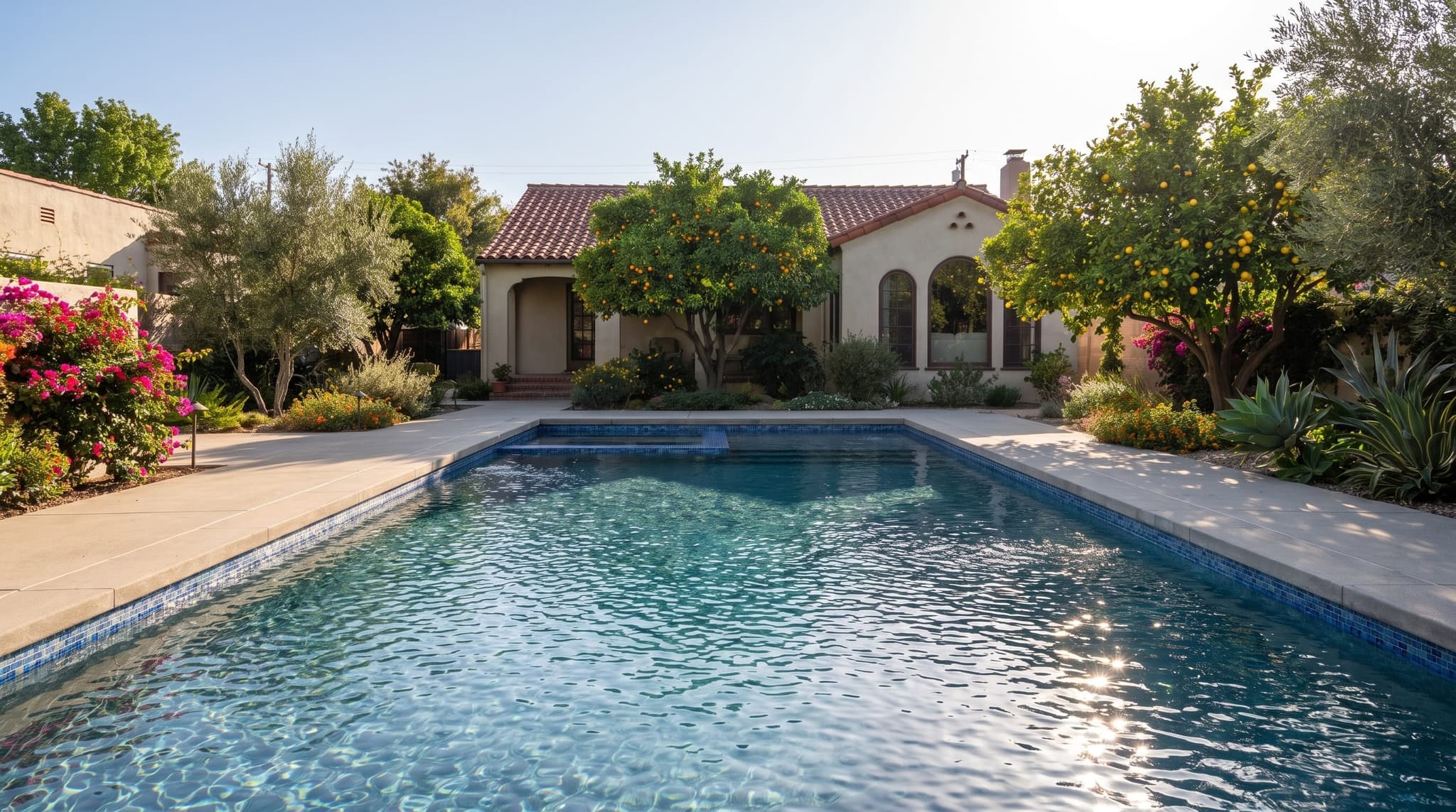 Riverside, Freshly remodeled swimming pool in a mature Southern California backyard with established trees