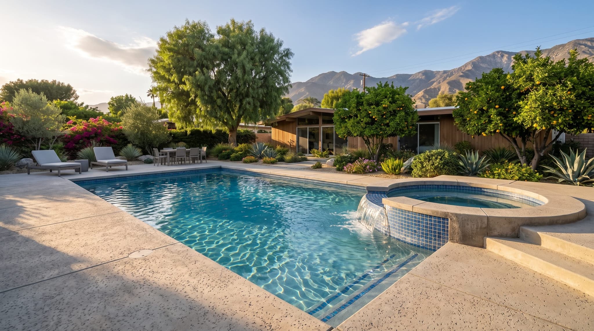 San Bernardino, Freeform backyard family pool with beach entry, tanning shelf, and integrated spa