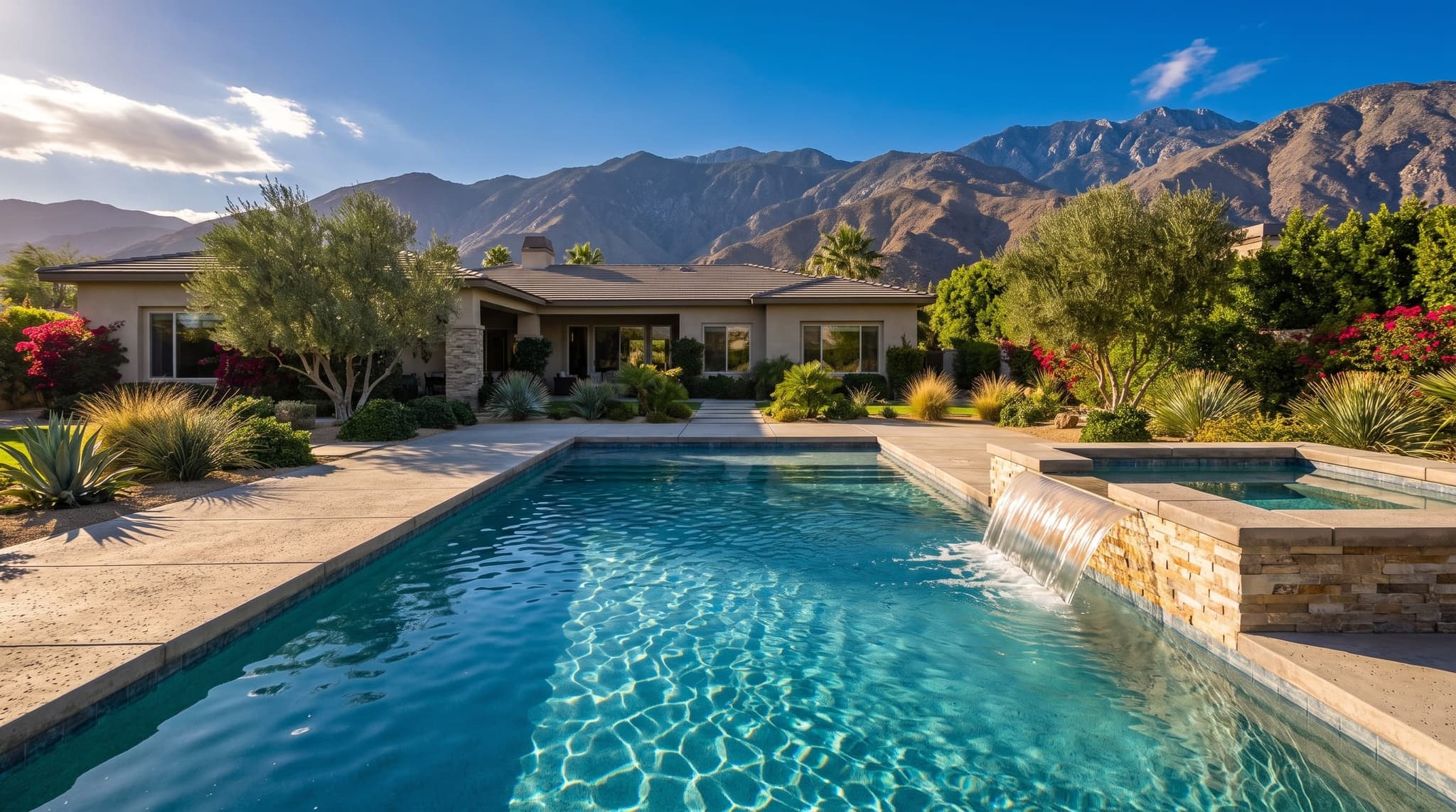 San Jacinto, Semi-rural Southern California backyard with a resort-style pool, raised spa, and outdoor kitchen pavilion