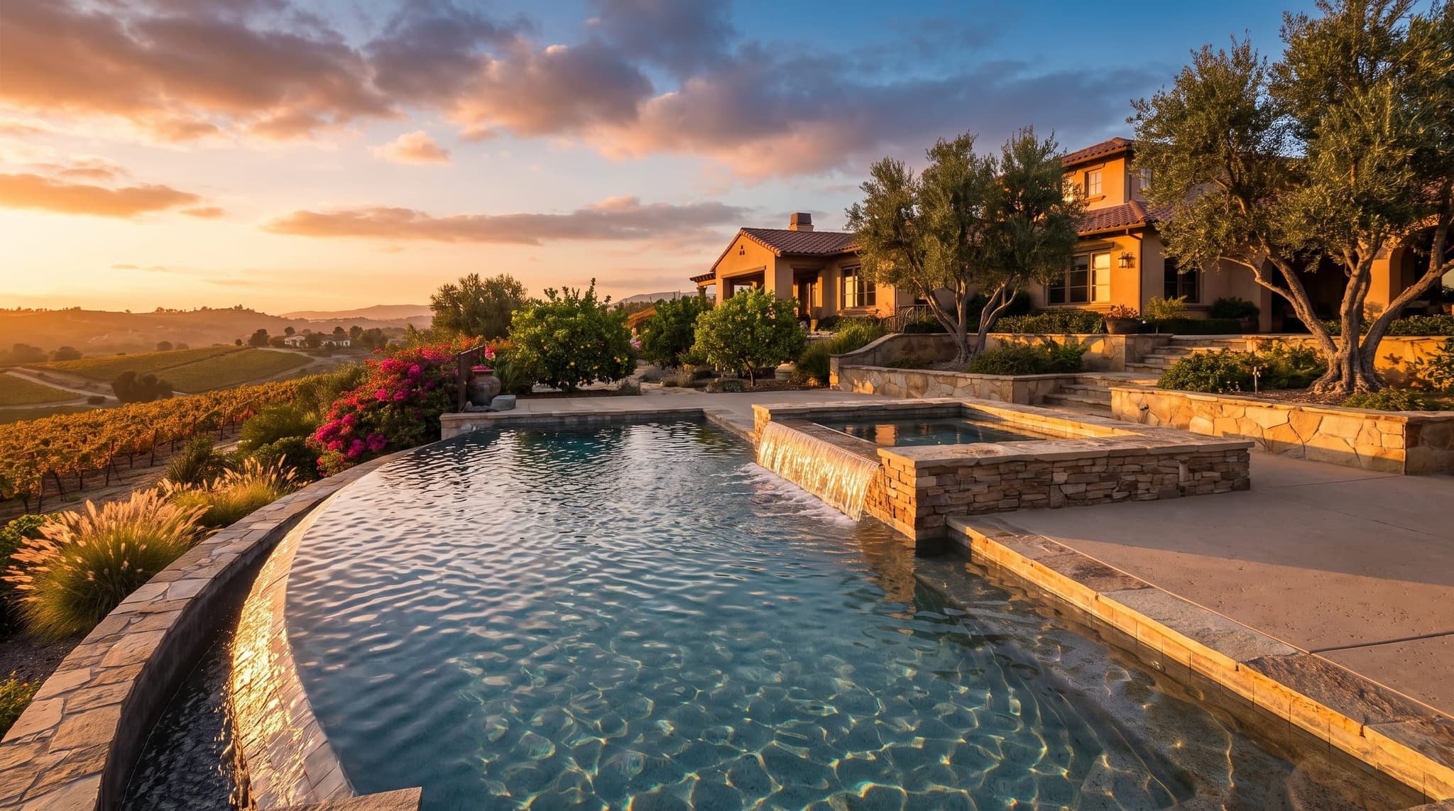 Temecula, Hillside backyard with a vanishing-edge pool overlooking Inland Empire valley views at golden hour