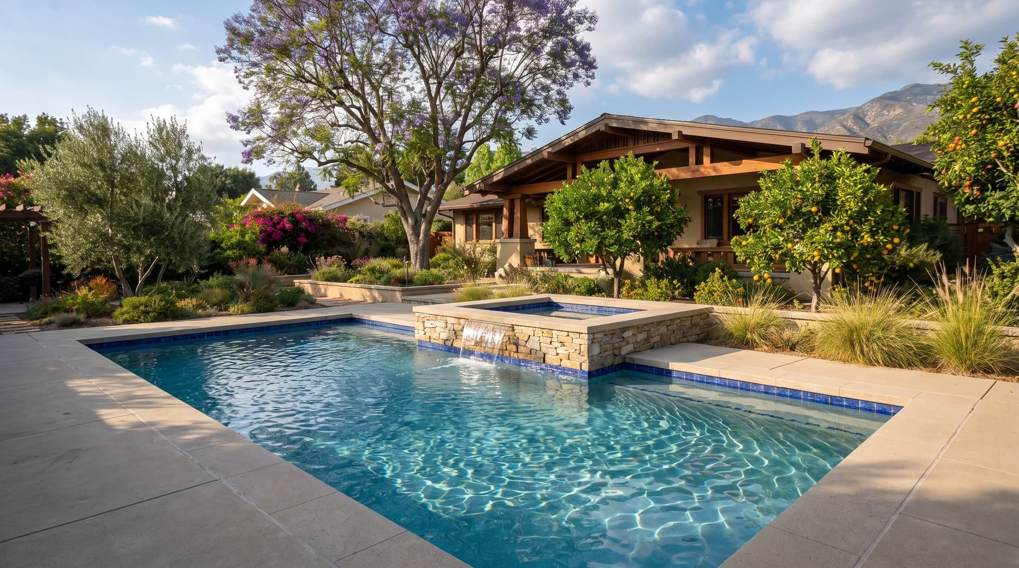 Upland, Freshly remodeled swimming pool in a mature Southern California backyard with established trees