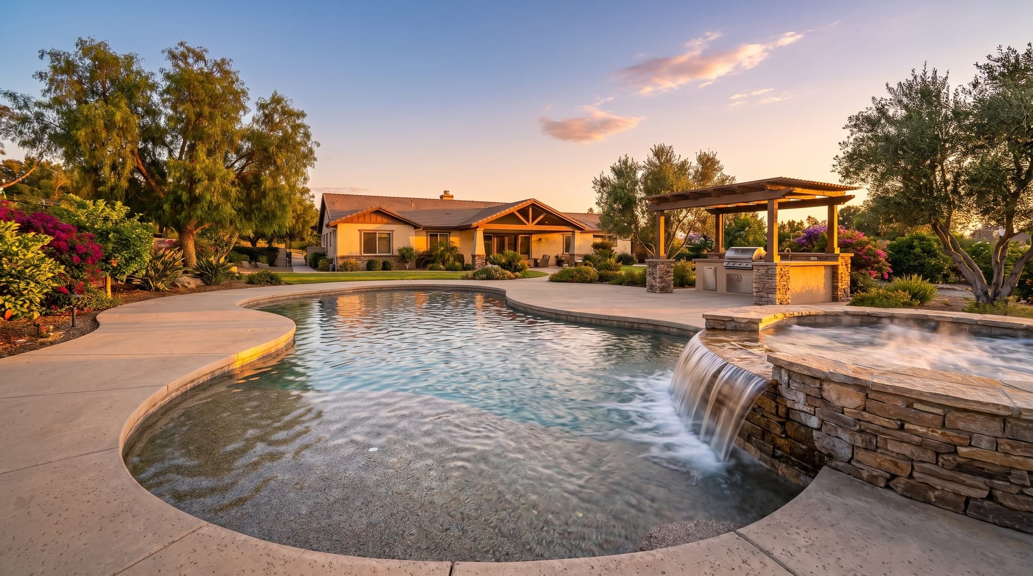 Wildomar, Semi-rural Southern California backyard with a resort-style pool, raised spa, and outdoor kitchen pavilion