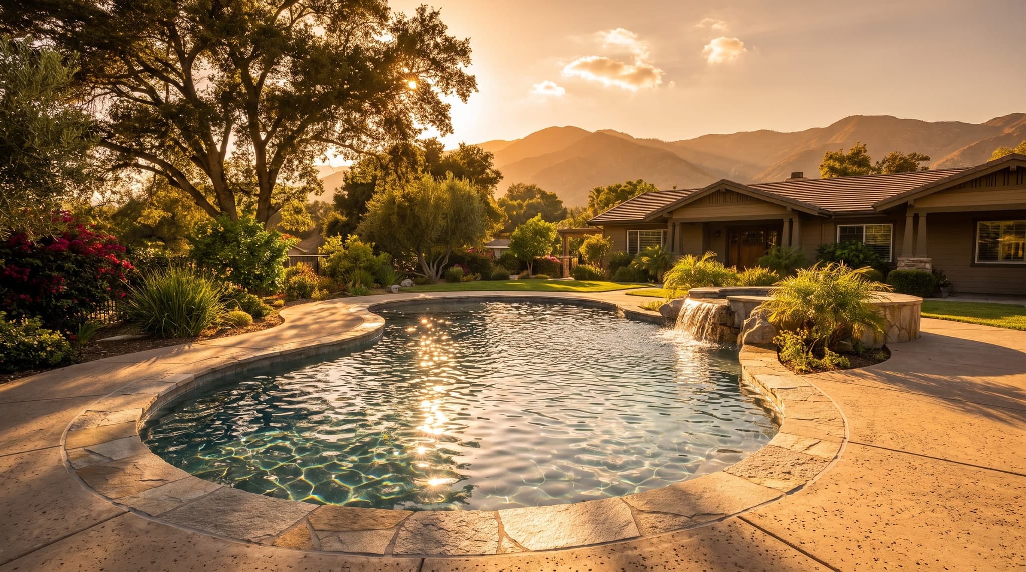 Yucaipa, Hillside backyard with a vanishing-edge pool overlooking Inland Empire valley views at golden hour
