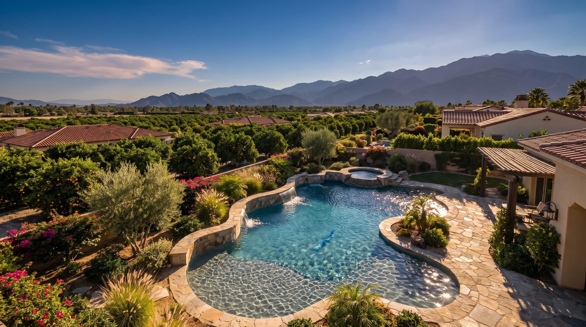 Luxury vanishing-edge pool overlooking rolling Temecula Valley wine-country terrain at golden hour