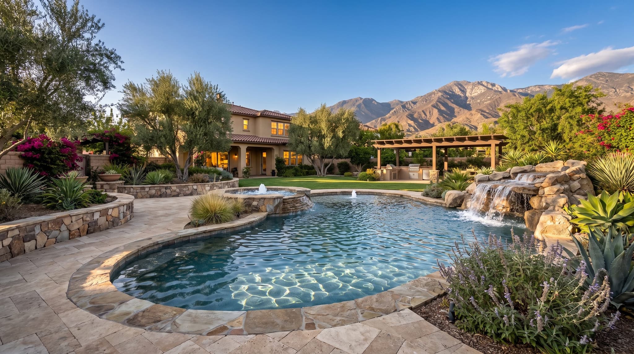 Premium inground pool with dramatic San Gabriel Mountain backdrop at dusk, San Bernardino County