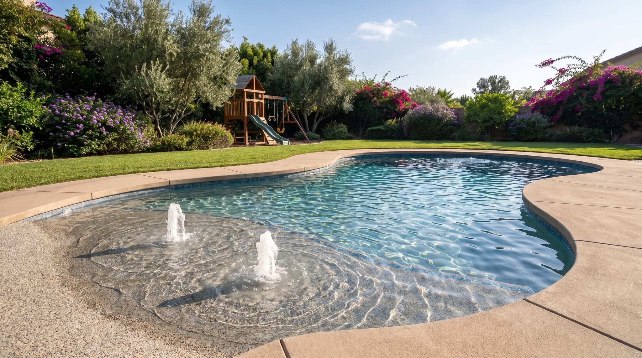 Sun City, Freeform backyard family pool with beach entry, tanning shelf, and integrated spa