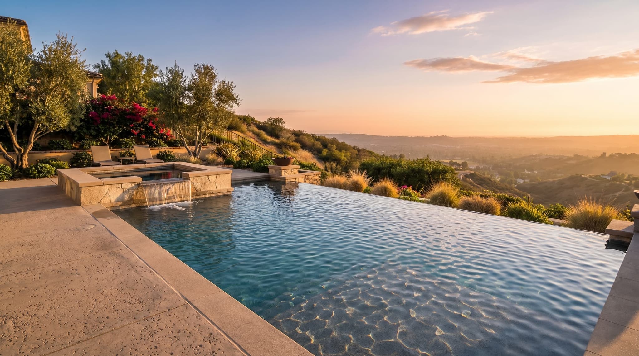 Hillside vanishing-edge pool at sunset overlooking an Inland Empire valley, with stone retaining walls integrated into the slope and a raised spa with sheer-descent spillover