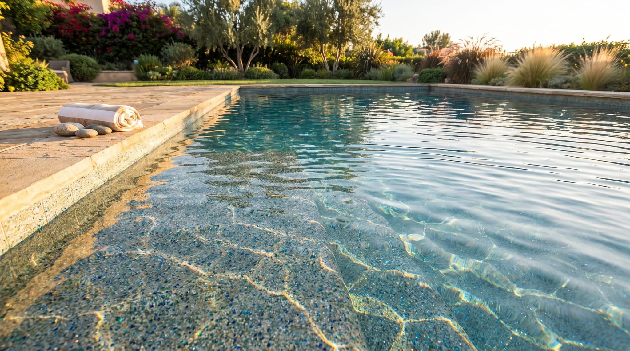 Architectural new-construction pool with deep-blue glass-mosaic interior, travertine deck, modern outdoor kitchen pavilion, and the San Bernardino mountains painted gold at sunset